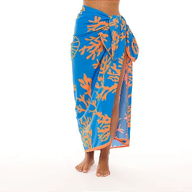 Stylish Blue & Orange Sea Coral Print Swim Sarong Pareo - Perfect Beach Cover-Up for Women | Summer Vacation, Poolside, Boho Fashion