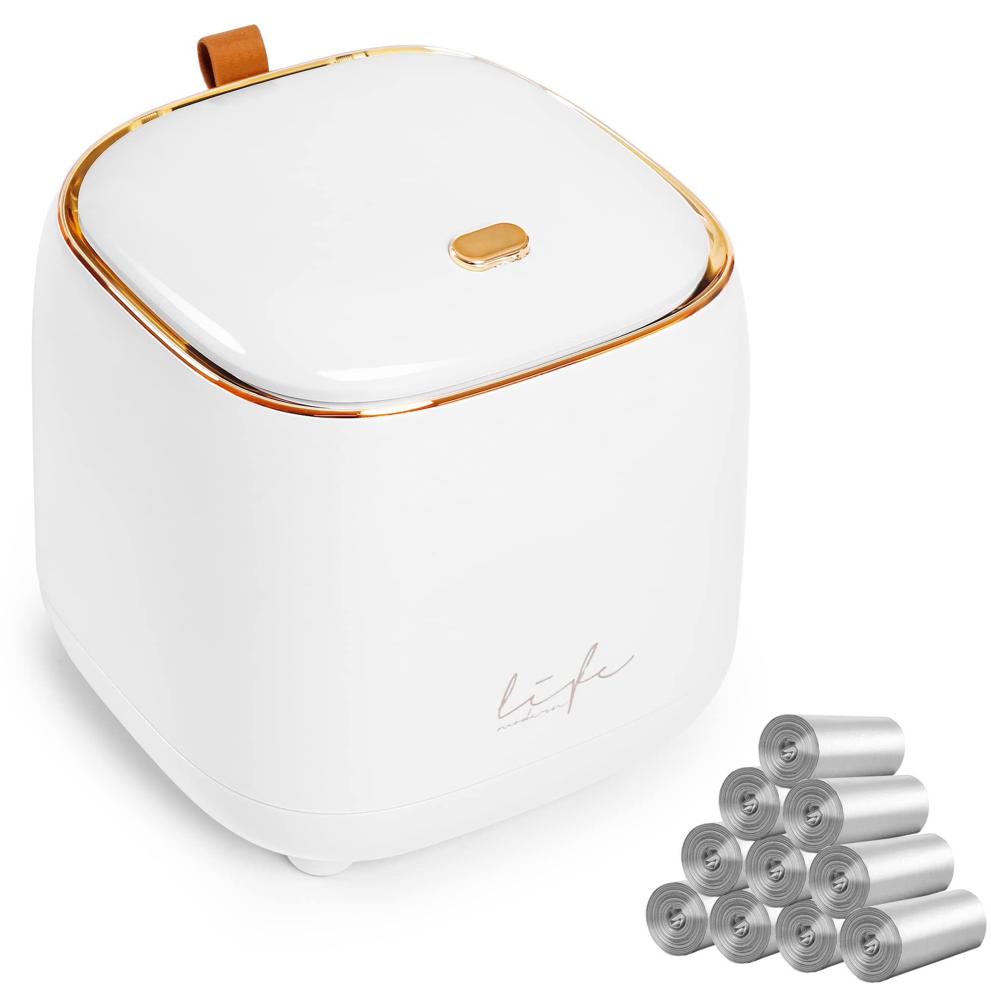 Mini Countertop Trash Can with 10 Rolls Trash Bags - Press Type Lid Small Waste Bin for Bathroom, Office, Coffee Table & Vanity - Compact Desktop Garbage Can for Home, Kitchen & Workspace