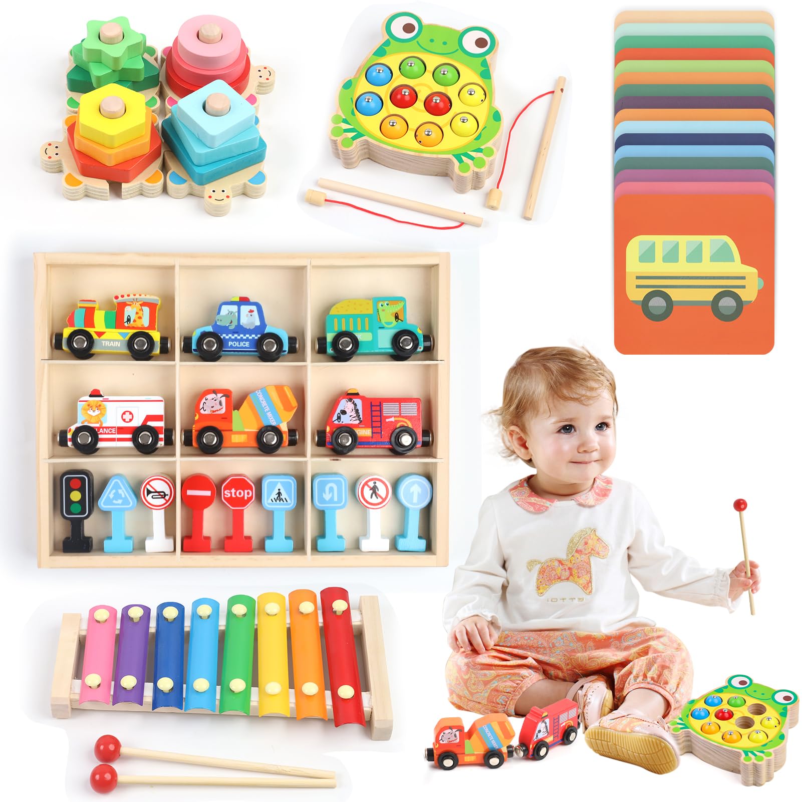 Montessori Wooden Toys for 1-2 Year Olds - Educational Baby Toy Set with Xylophone, Stacking Blocks, Sorting Game, Fishing Toy & Flash Cards | Toddler Learning Activities for 12-24 Months Boys & Girls | Perfect for Early Childhood Development & Playtime Fun