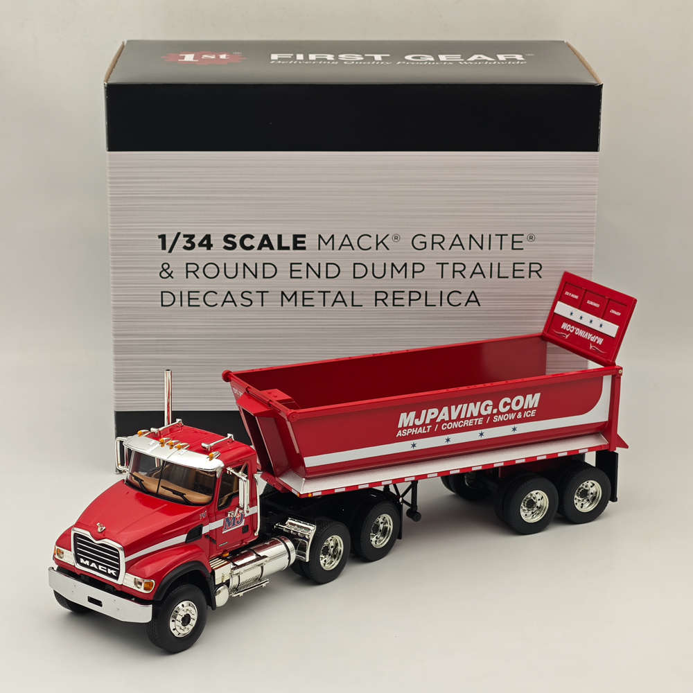 1:34 Scale Mack Granite & Round End Dump Trailer Diecast Model Truck - Collectible Construction Vehicle for Display & Play - Perfect for Construction Enthusiasts & Model Collectors