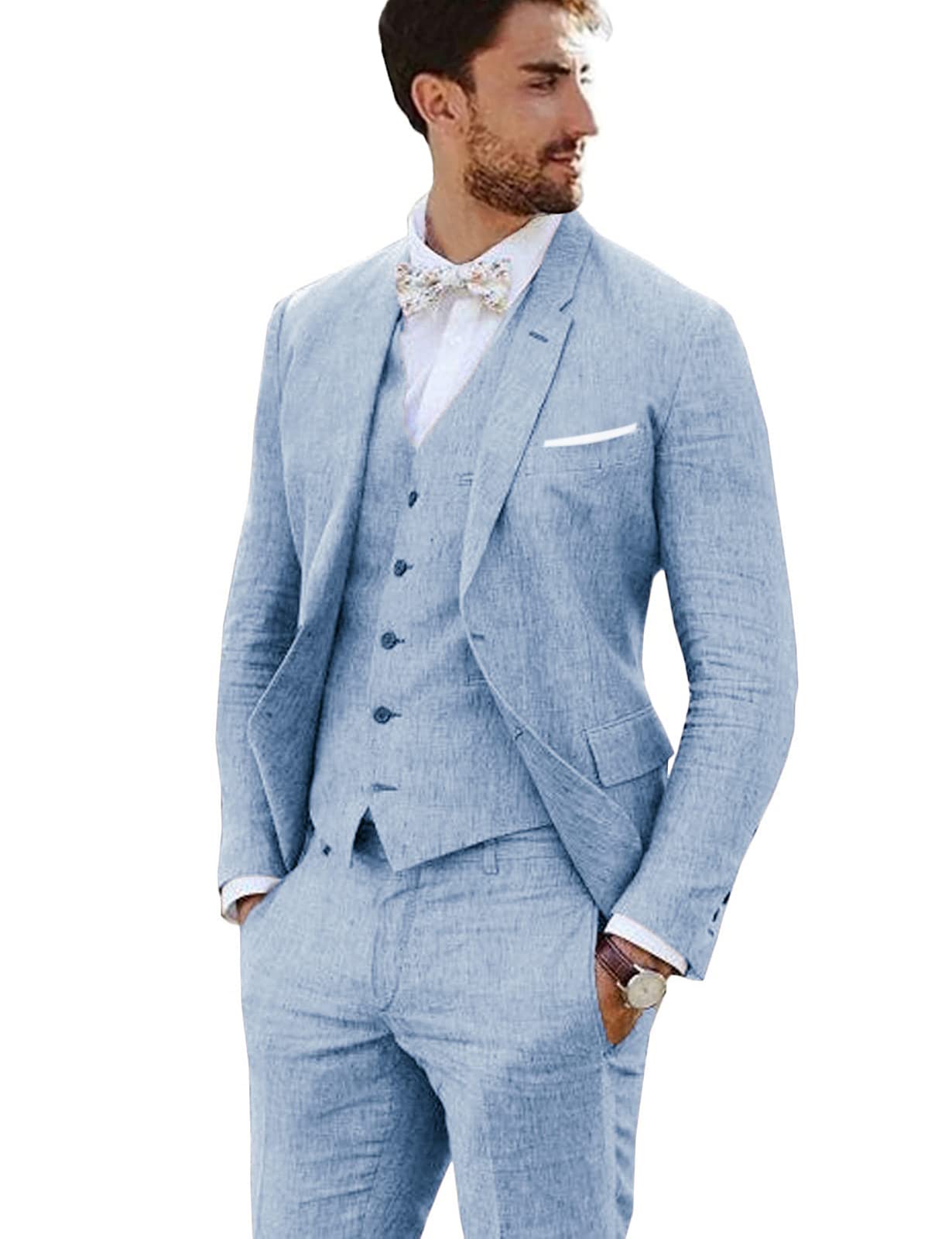 Vintage Retro 3-Piece Linen Suit for Men - Slim Fit Wedding Prom Blazer Jacket & Groom Tuxedo Set | Perfect for Formal Events, Business Meetings & Special Occasions