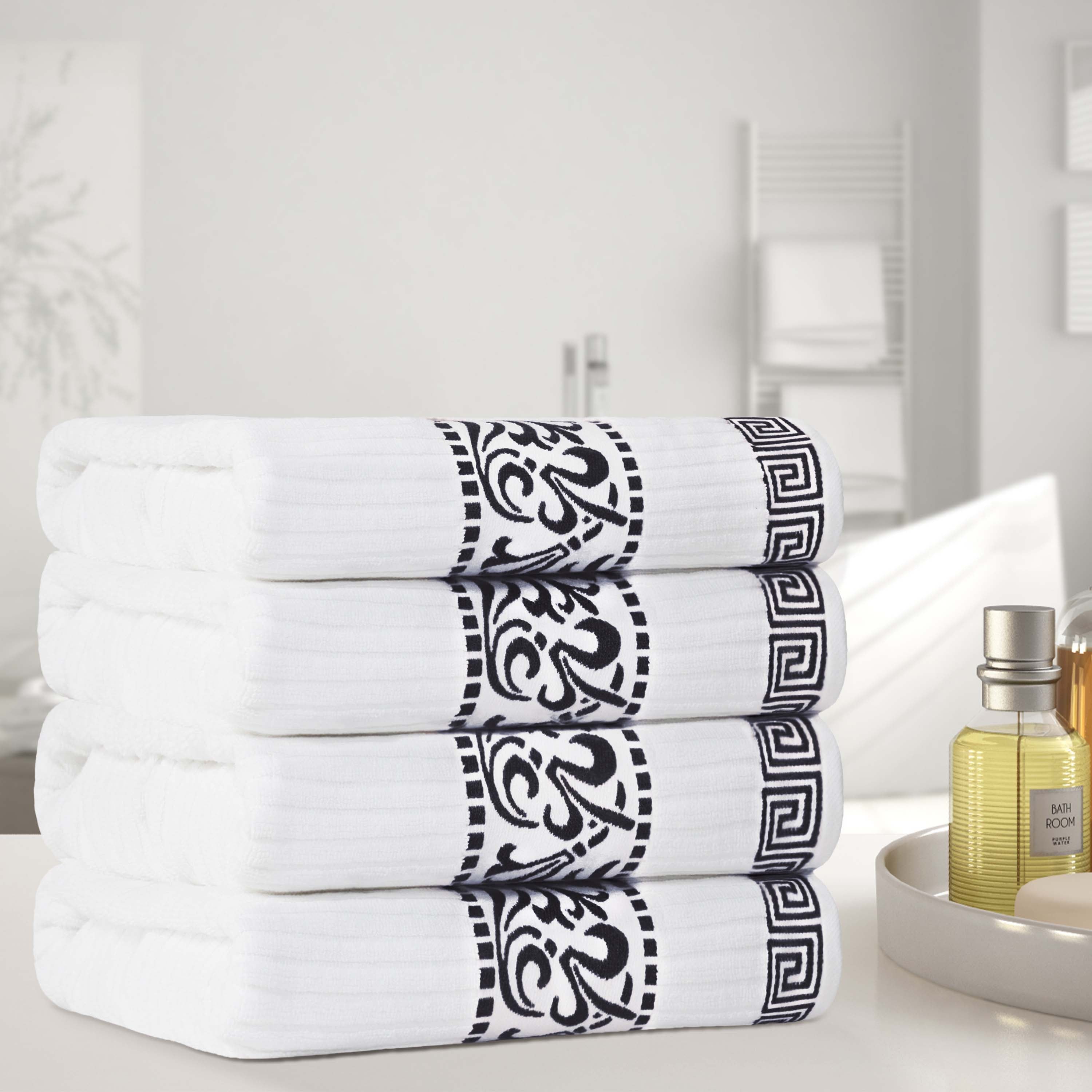 Premium Athens Cotton Greek Scroll & Floral 4-Piece Bath Towel Set - Soft & Absorbent for Spa, Bathroom & Guest Room Decor