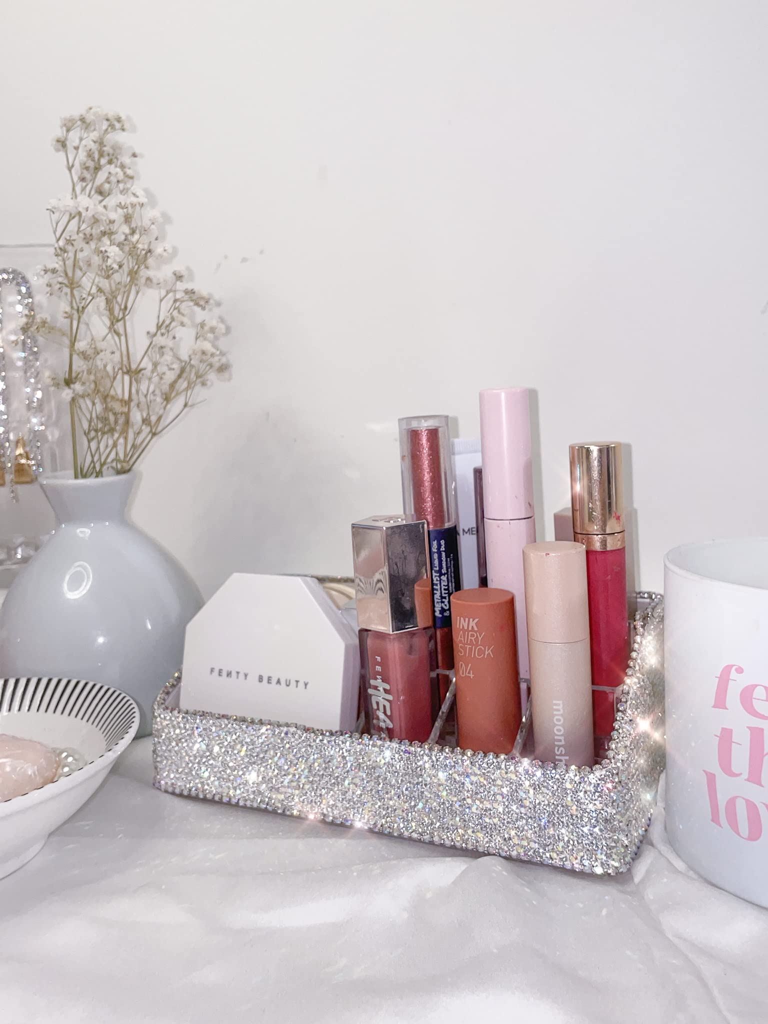 TISHAA Bling Dazzling Stylish Rhinestone Lipstick Organizer - White Makeup Storage Case for Desk & Vanity | Perfect for Cosmetics Display, Beauty Counter Organization & Gift Idea