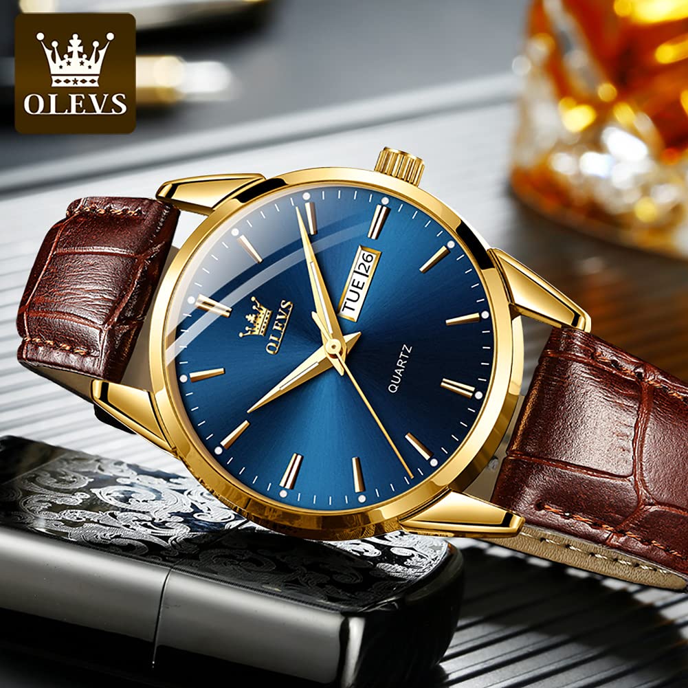 OLEVS Men's Brown Leather Watch with Luminous Hands, Rose Gold Case, Day Date Display - Waterproof Quartz Dress Watch for Business, Casual & Formal Occasions