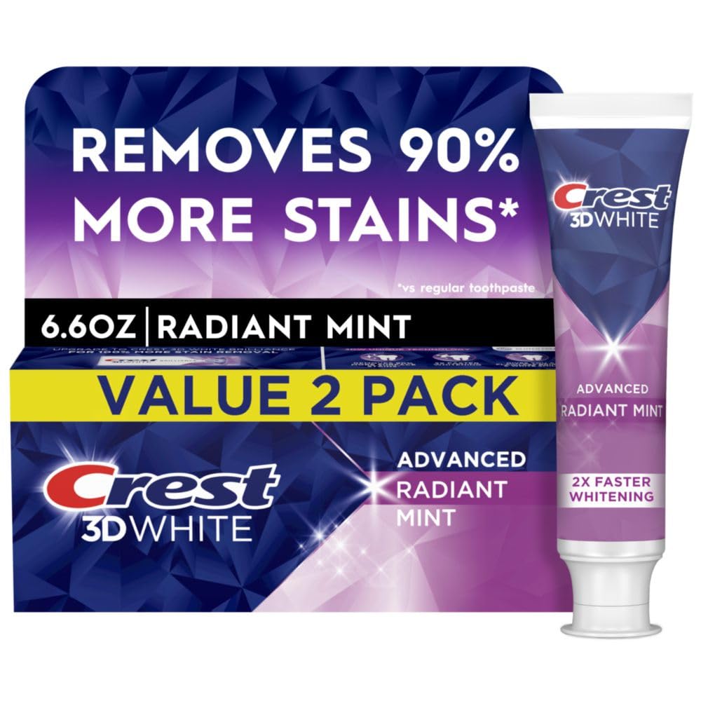 Crest 3D White Advanced Teeth Whitening Toothpaste - Radiant Mint Flavor, 3.3 oz (Pack of 2) | Professional Whitening for Brighter Smile | Perfect for Daily Use & Special Occasions
