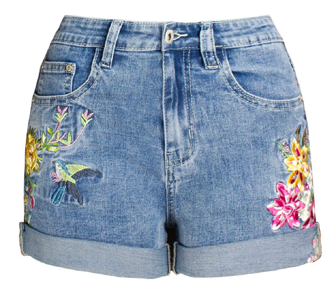 CHARTOU Women's High Waisted Denim Shorts - Vintage Washed Slim Fit Roll-Up Embroidery Jeans for Summer Casual Outfits, Beach Vacations & Street Style Fashion
