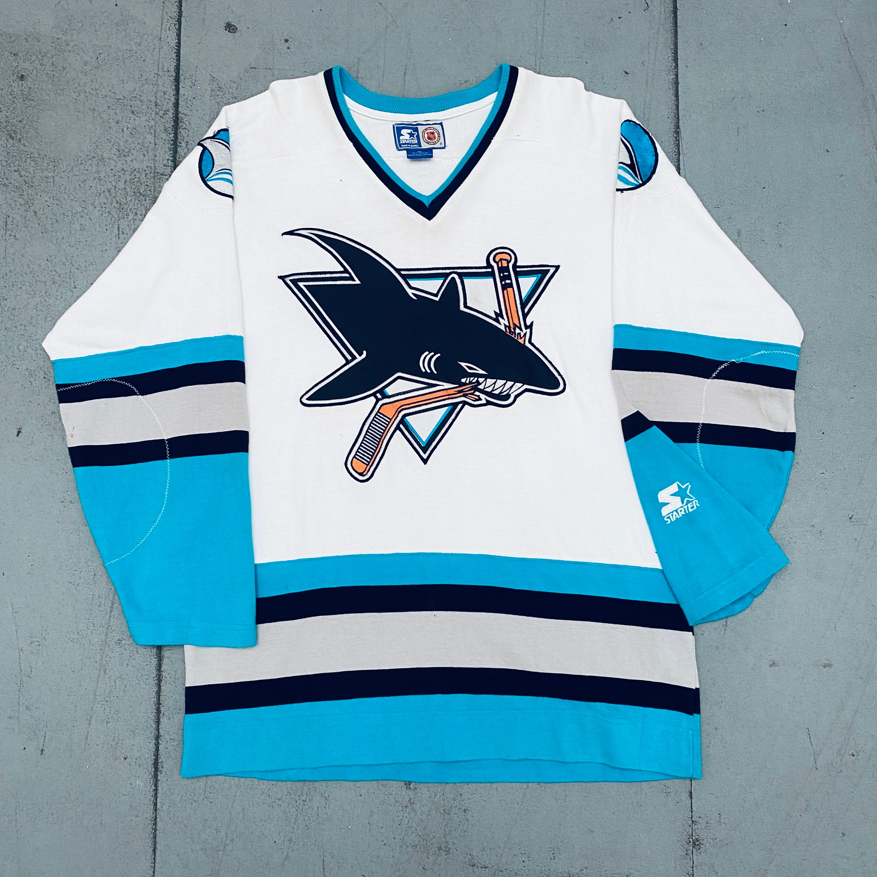 Vintage 1990s San Jose Sharks Starter Hockey Jersey - XL Size for Men, Perfect for Game Day, Fan Events & Retro Sports Fashion