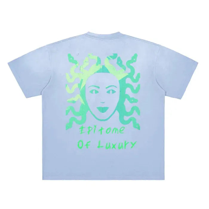 Premium Vintage Washed Medusa Graphic T-Shirt - Frayed & Aged Gradient (Blue Gray, Blue, Purple) | 250 GSM Heavy Cotton | Streetwear, Casual Wear, Festival Outfit