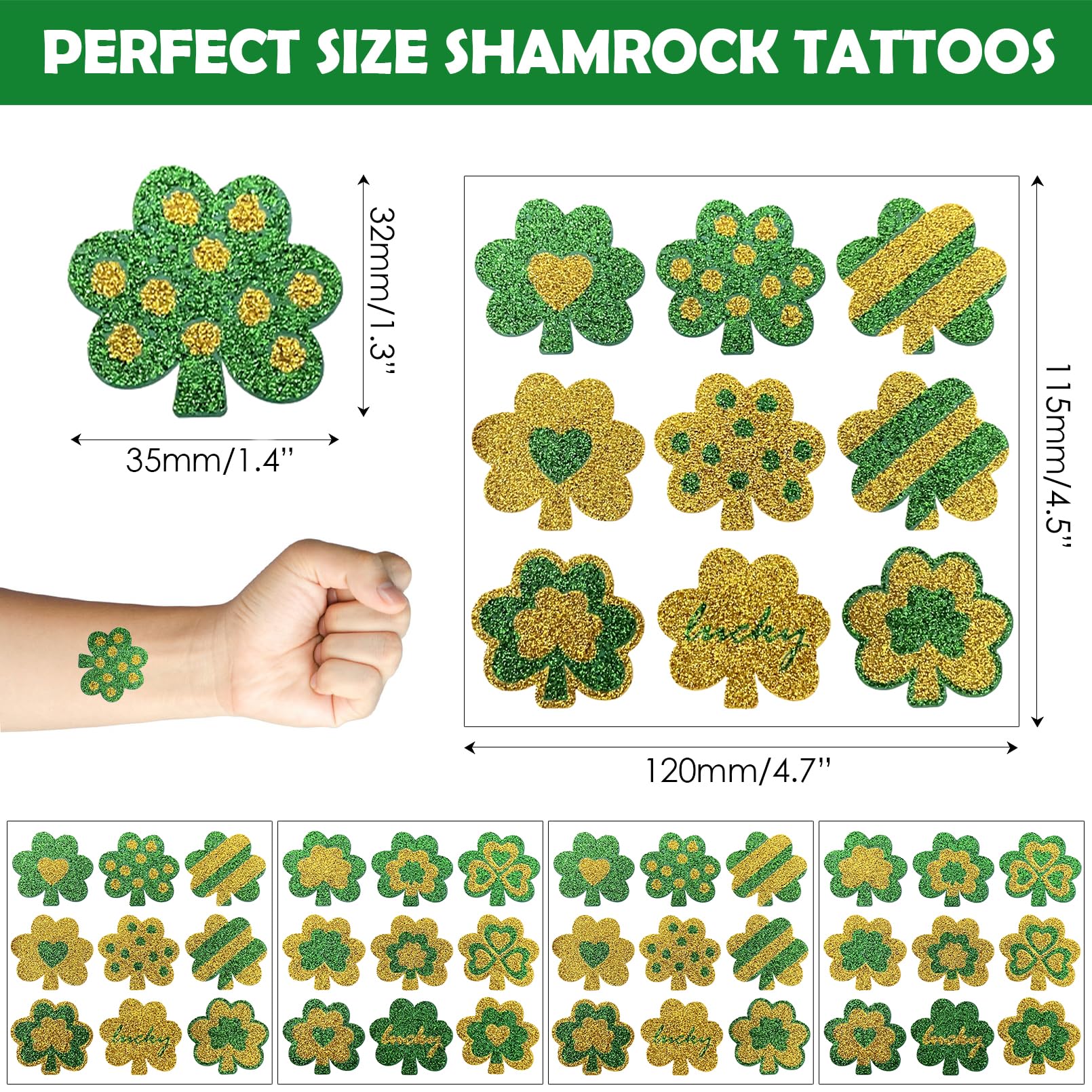 St. Patrick's Day Glitter Tattoos - 24 Pack Shamrock Face Tattoo Stickers for Kids & Adults | Green Lucky Clover Temporary Tattoos | Irish Party Decorations, Makeup & Festival Favors - Perfect for St. Paddy's Day Parties, Parades & Celtic Celebrations