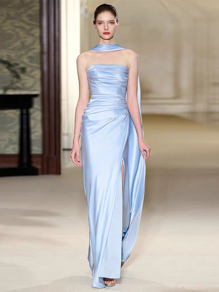 Elegant Blue Sheath Long Prom Dress with High Slit - Formal Evening Gown for Homecoming, Wedding & Special Occasions - Style J3349