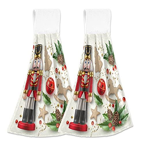 Premium Christmas Nutcracker Kitchen Towels - 2 Pack Soft Absorbent Hand Towels with Hanging Loop for Bathroom, Kitchen, Oven & Stove Handle - Holiday Decorative Dish Cloths for Winter Home Decor & Gifts