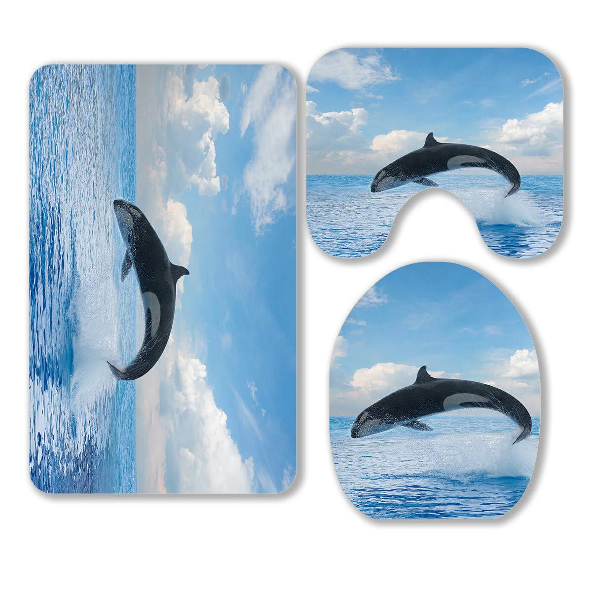 ECZJNT 3-Piece Whale Bathroom Rug Set - Non-Slip Bath Mat, Contour Mat & Toilet Lid Cover - Ocean Theme Bathroom Decor for Coastal, Nautical & Kids' Bathrooms