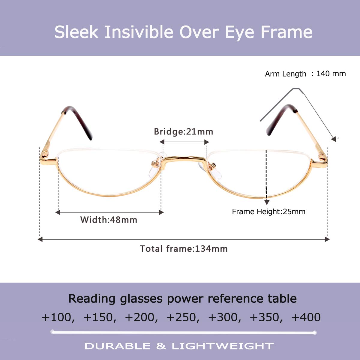 2 Pack Vintage Metal Half Moon Reading Glasses for Women & Men - Slim Half Frame Lens Readers - Perfect for Reading, Crafts & Close Work