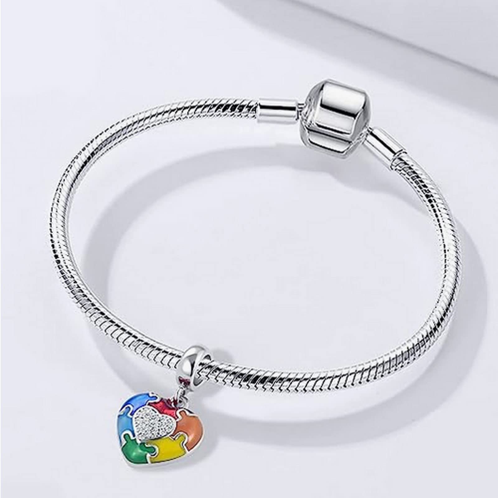 KunBead Autism Awareness Puzzle Heart 'I Love You' Dangle Charms - Compatible with Pandora Bracelets & Necklaces for Women | Jewelry Gift for Autism Support & Awareness Campaigns
