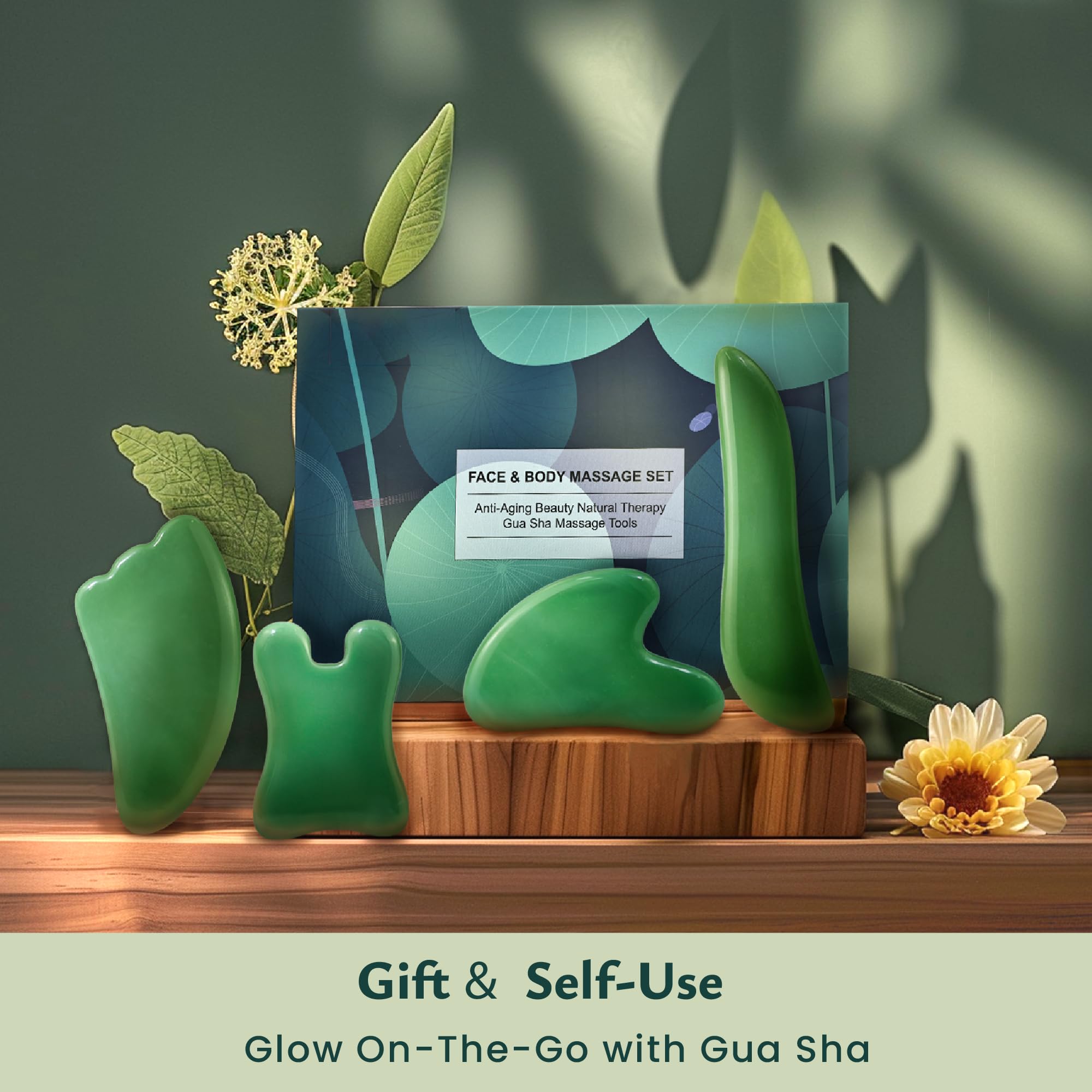 Rena Chris 4 Pcs Gua Sha Facial Massage Tool Set - Green Jade Stone Scraping Board for SPA, Acupuncture Therapy & Trigger Point Relief - Perfect for Facial Rejuvenation, Neck Massage & Body Relaxation at Home