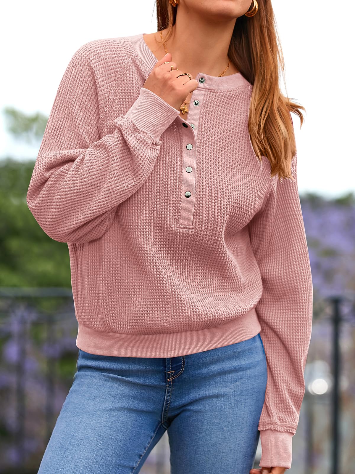PRETTYGARDEN Women's Long Sleeve Waffle Knit Sweater - Soft Button Up Pullover V-Neck Loose Crop Top for Fall & Winter | Casual Outfit, Layering Piece, Office Wear & Date Night Fashion