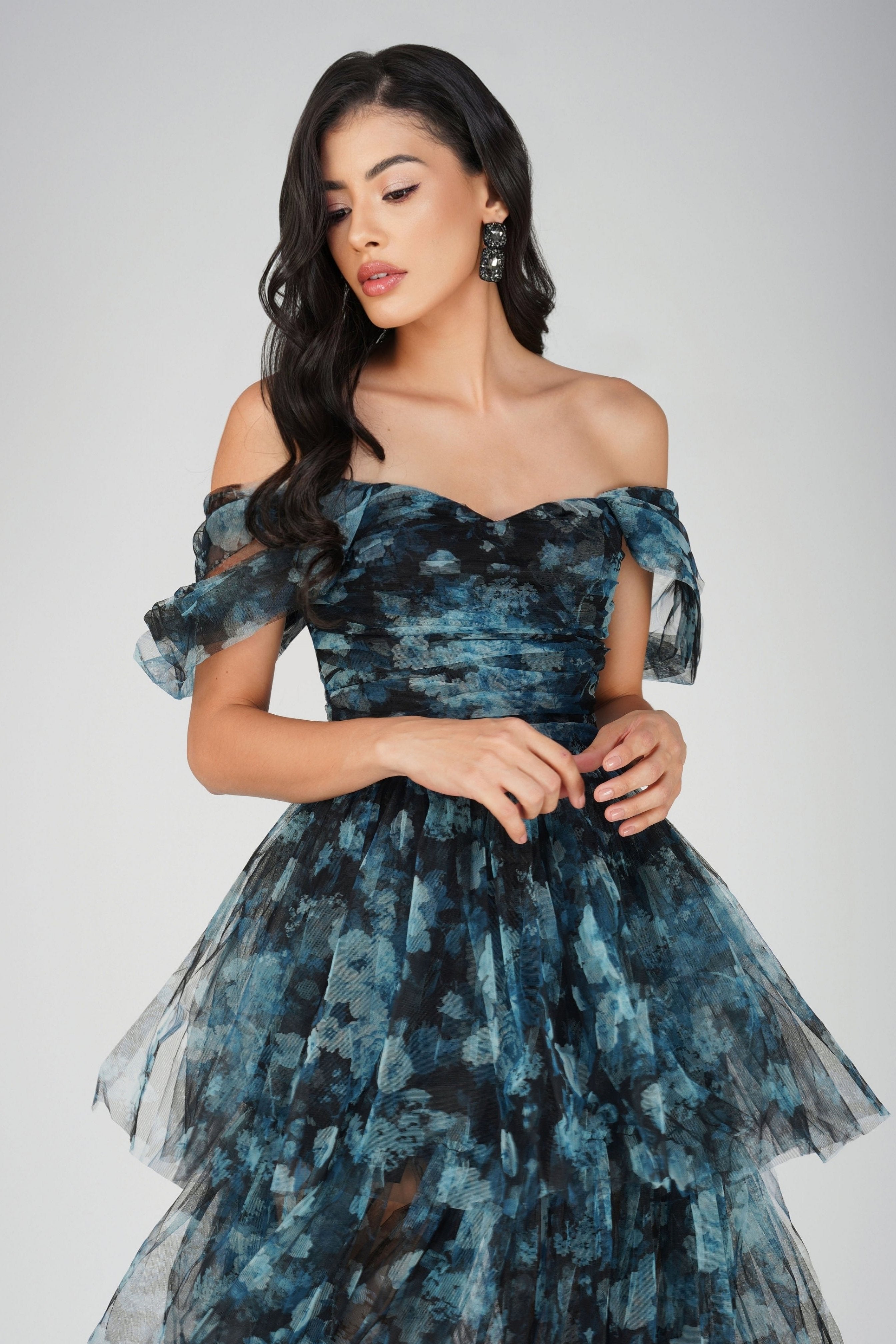 Elegant Blue Floral Sydney Tulle Maxi Dress for Women - Perfect for Weddings, Parties & Special Occasions