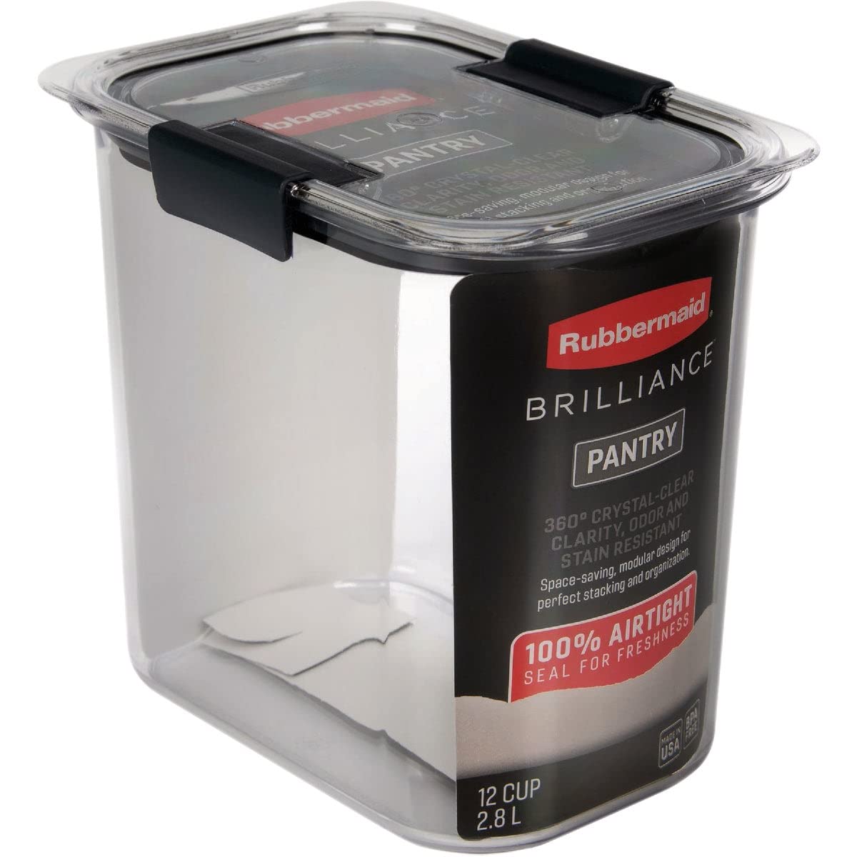 Rubbermaid Brilliance 12-Cup Airtight Food Storage Container with Locking Lid - BPA-Free Plastic Kitchen Organizer for Flour, Sugar, Cereal & Pantry Staples - Clear/Grey - Ideal for Meal Prep & Leftovers Storage