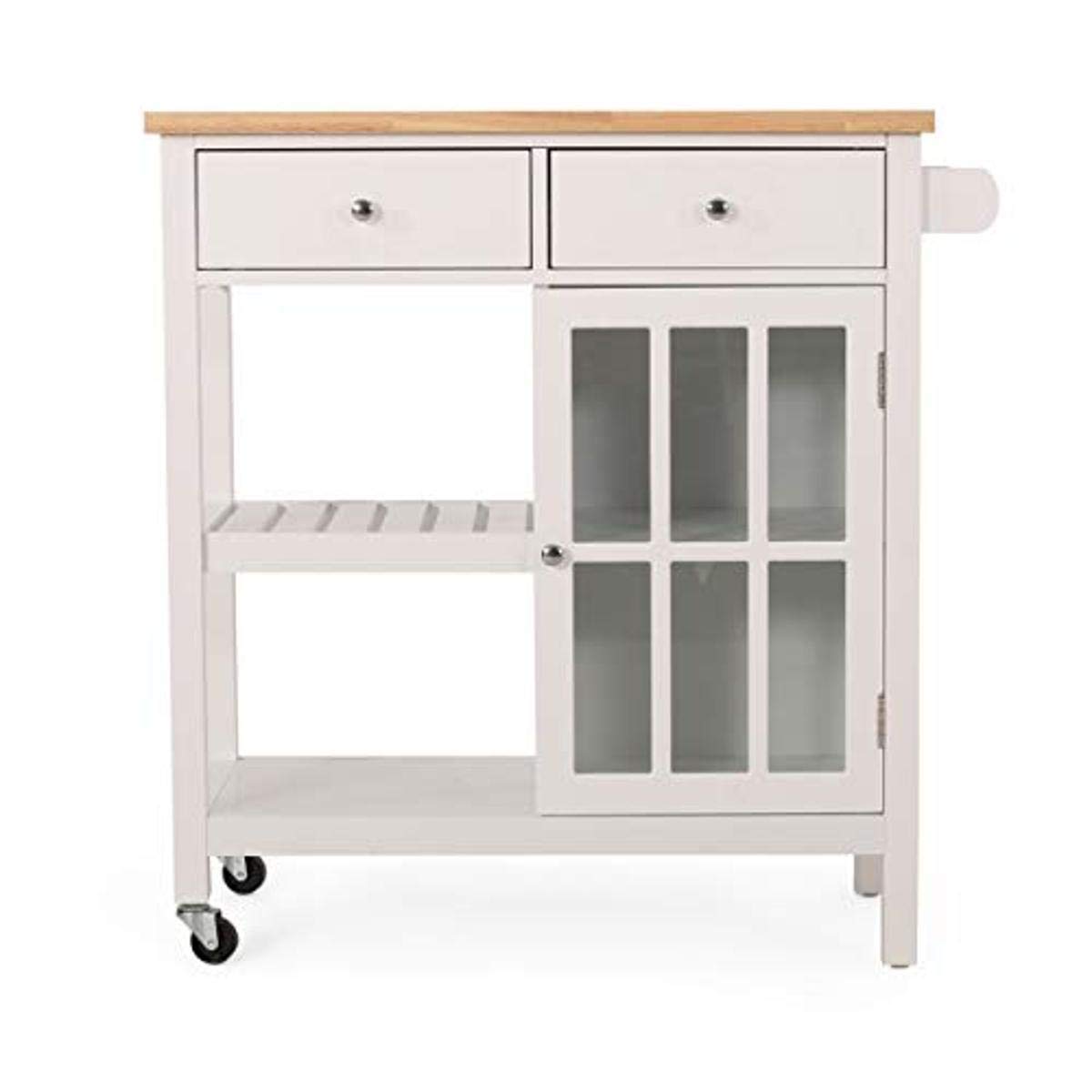 Christopher Knight Home Spark Contemporary Kitchen Cart with Wheels - White & Natural Wood - Rolling Utility Cart for Kitchen, Dining Room, or Office Storage