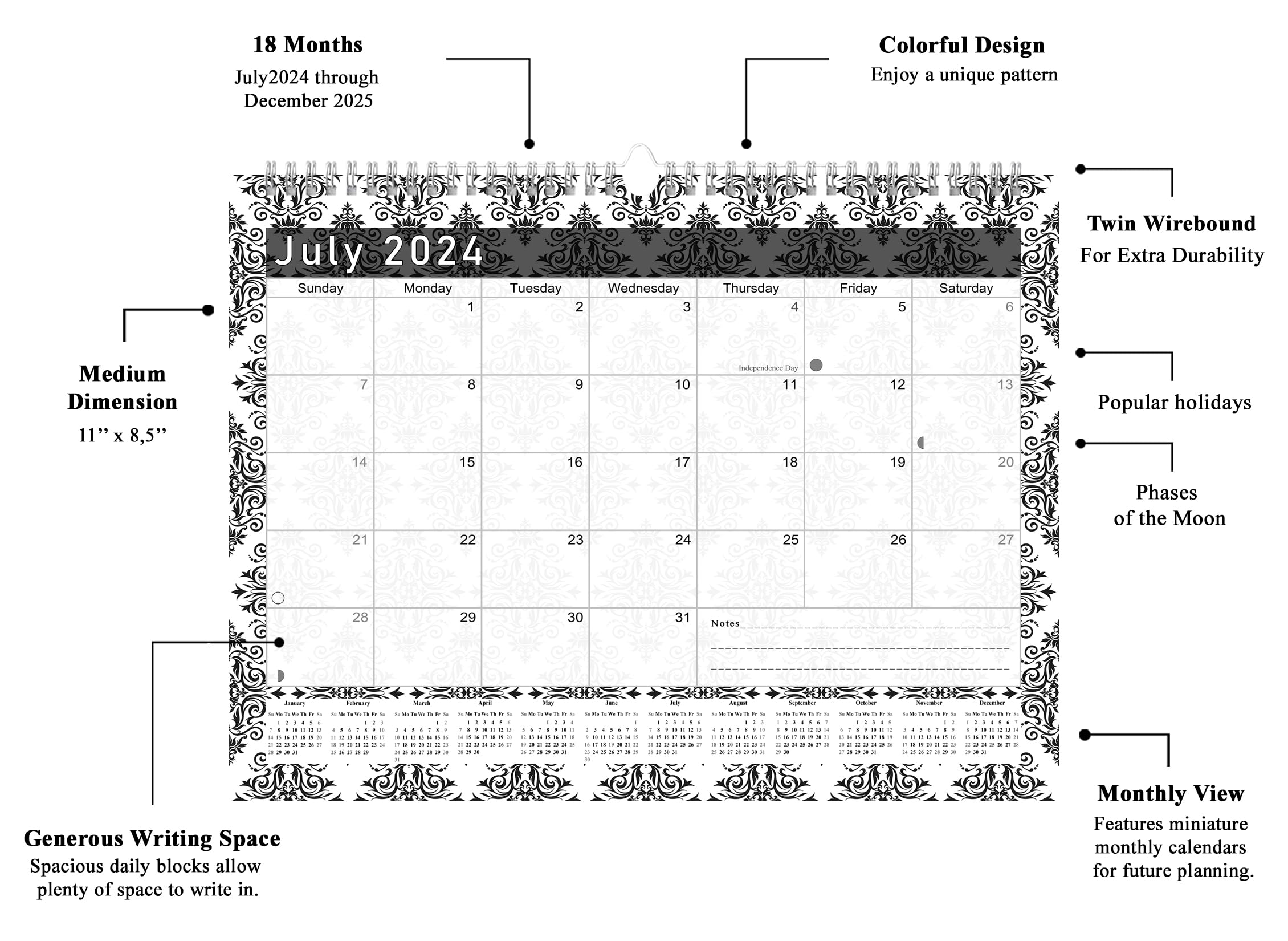 2024-2025 18-Month Spiral-Bound Wall & Desk Calendar Planner - Black & White Damask Design (Edition #08) - Perfect for Office, Home, School & Gift Giving