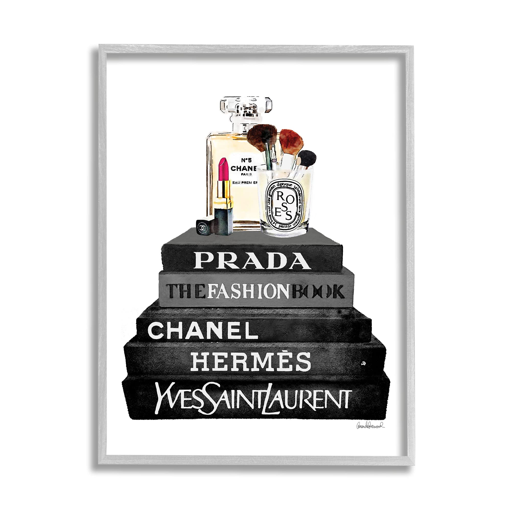 Stupell Industries Fashion Designer Makeup Bookstack - Black & White Watercolor Wall Art - Perfect for Salon Decor, Beauty Studio & Makeup Artist Gift Ideas