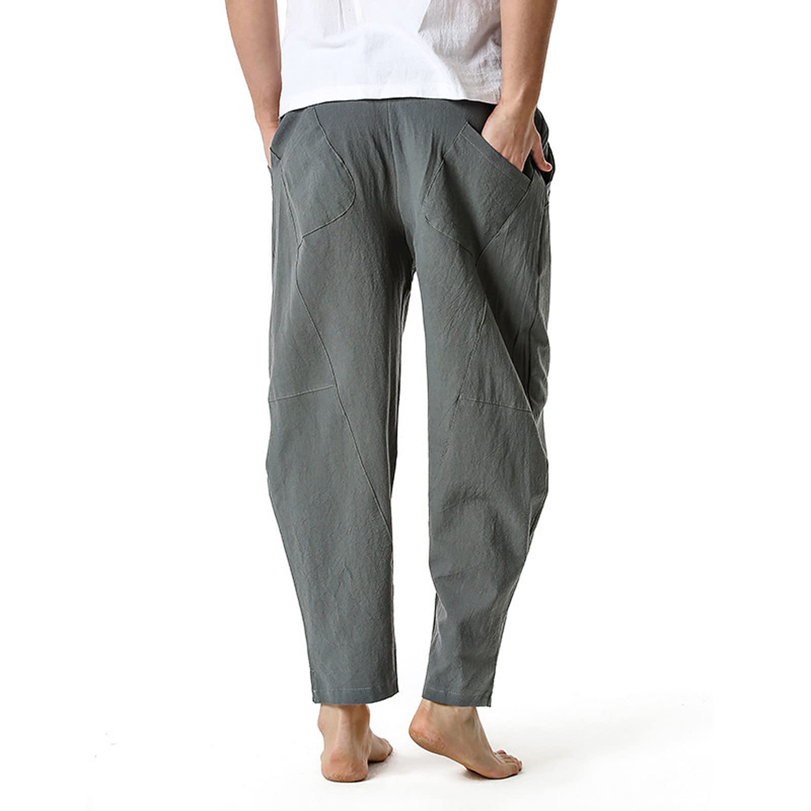 Muscularfit Men's Khaki Casual Pants - Loose Fit Drawstring Elastic Waist Cotton Linen Lounge Work Utility Trousers 2023 | Comfortable Home Wear & Outdoor Activities