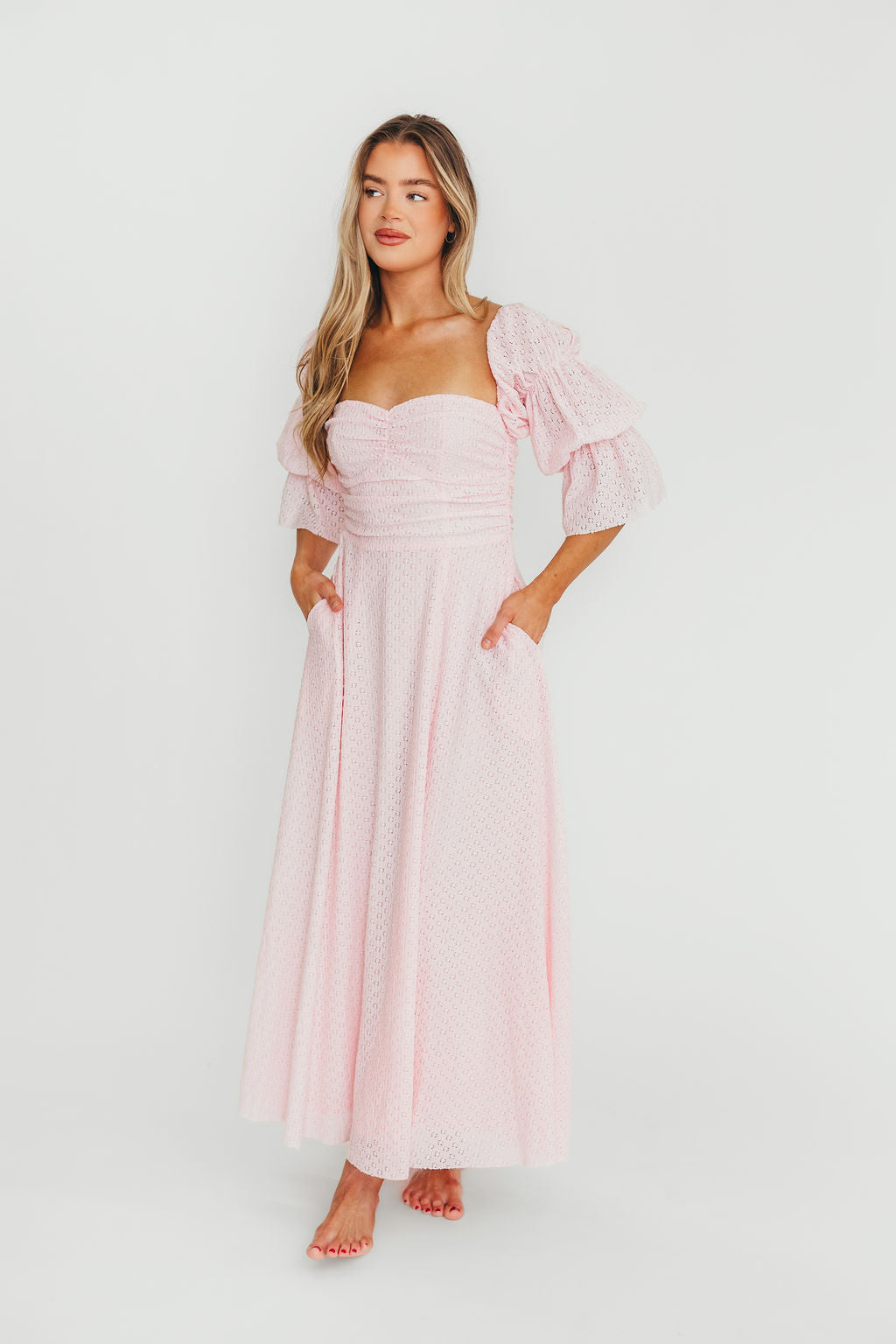 Corrine Tiered Sleeve Maxi Dress with Pockets - Baby Pink Maternity Dress | Bump Friendly & Comfortable for Pregnancy, Nursing, Special Occasions & Summer Weddings