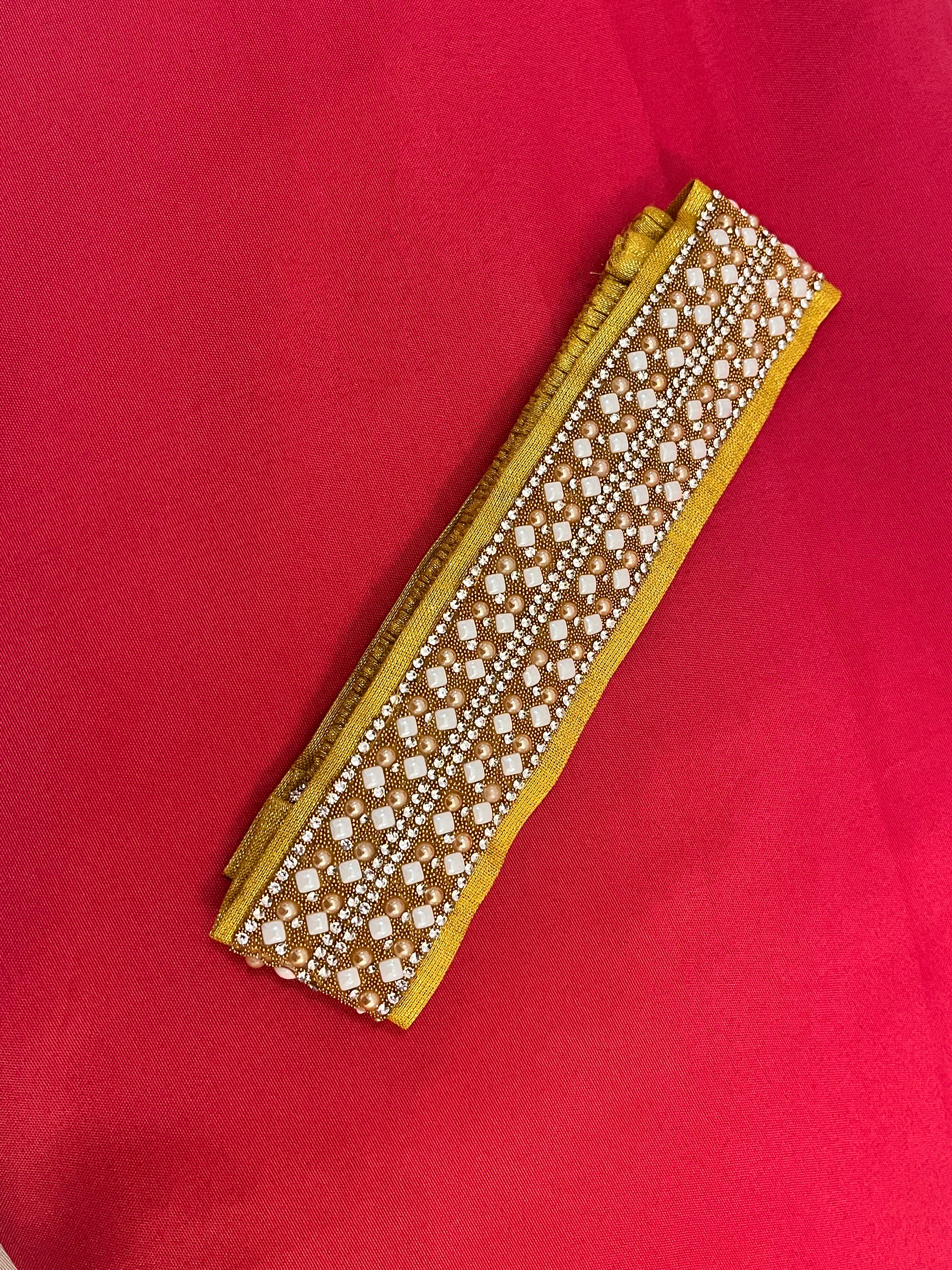 Elegant Gold Saree Belt with Sparkling Stones & White Beads - Perfect for Indian Weddings, Festivals & Special Occasions
