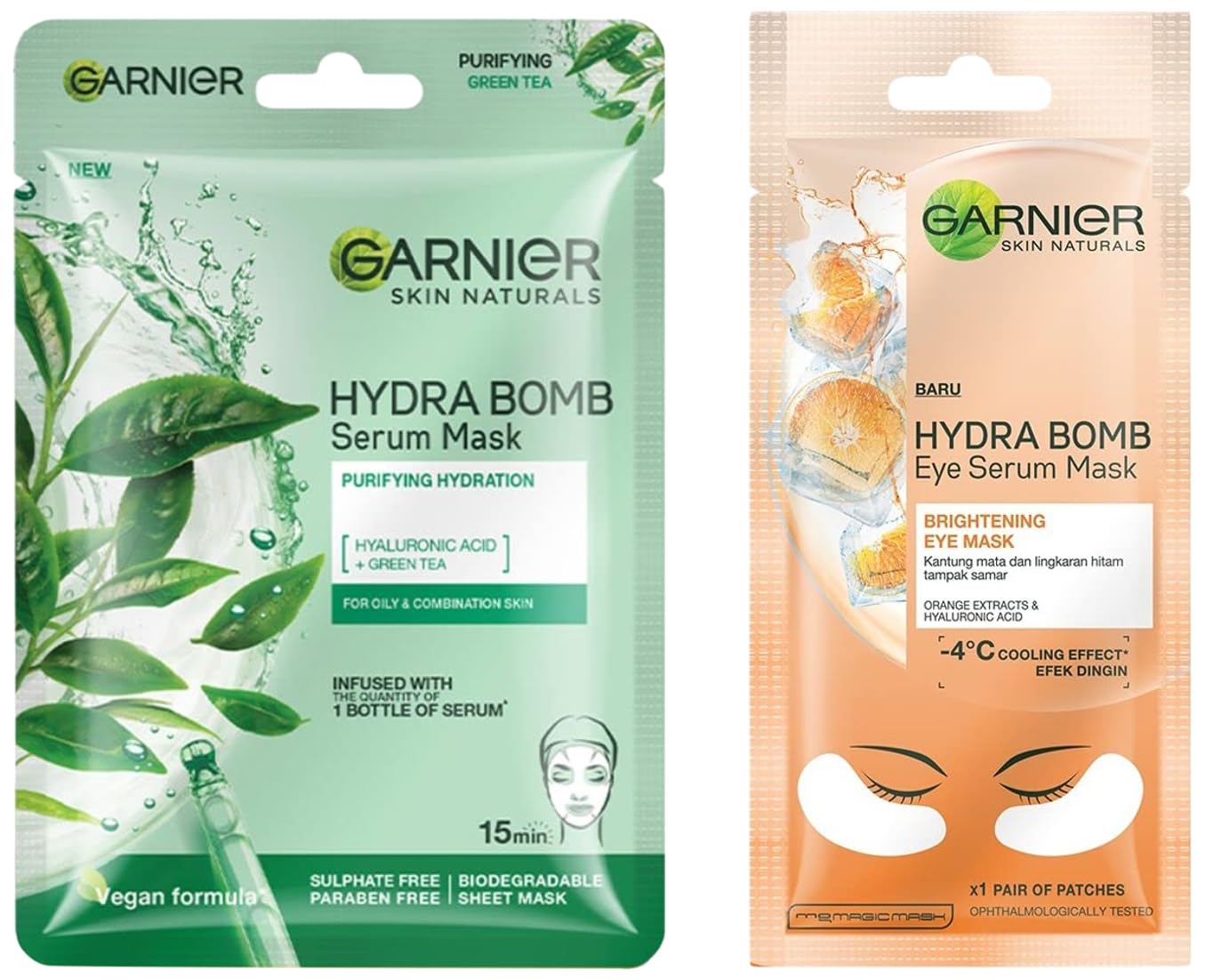 Garnier Skin Naturals Green Tea Face Serum Sheet Mask 32g & Hydra Bomb Eye Serum Mask 6g - Hydrating & Brightening Skincare Set for Glowing Skin | Perfect for Daily Use, Travel & Self-Care Routine