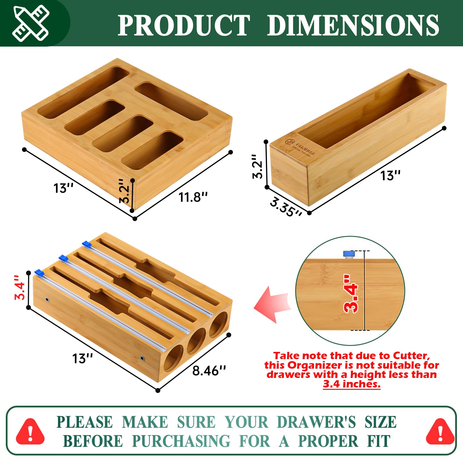 Calmbee 9-in-1 Kitchen Drawer Organizer - Bamboo Foil & Plastic Wrap Storage with Built-in Cutter - Fits Gallon, Quart & Sandwich Bags - Space Saving Solution for Pantry & Food Storage Organization