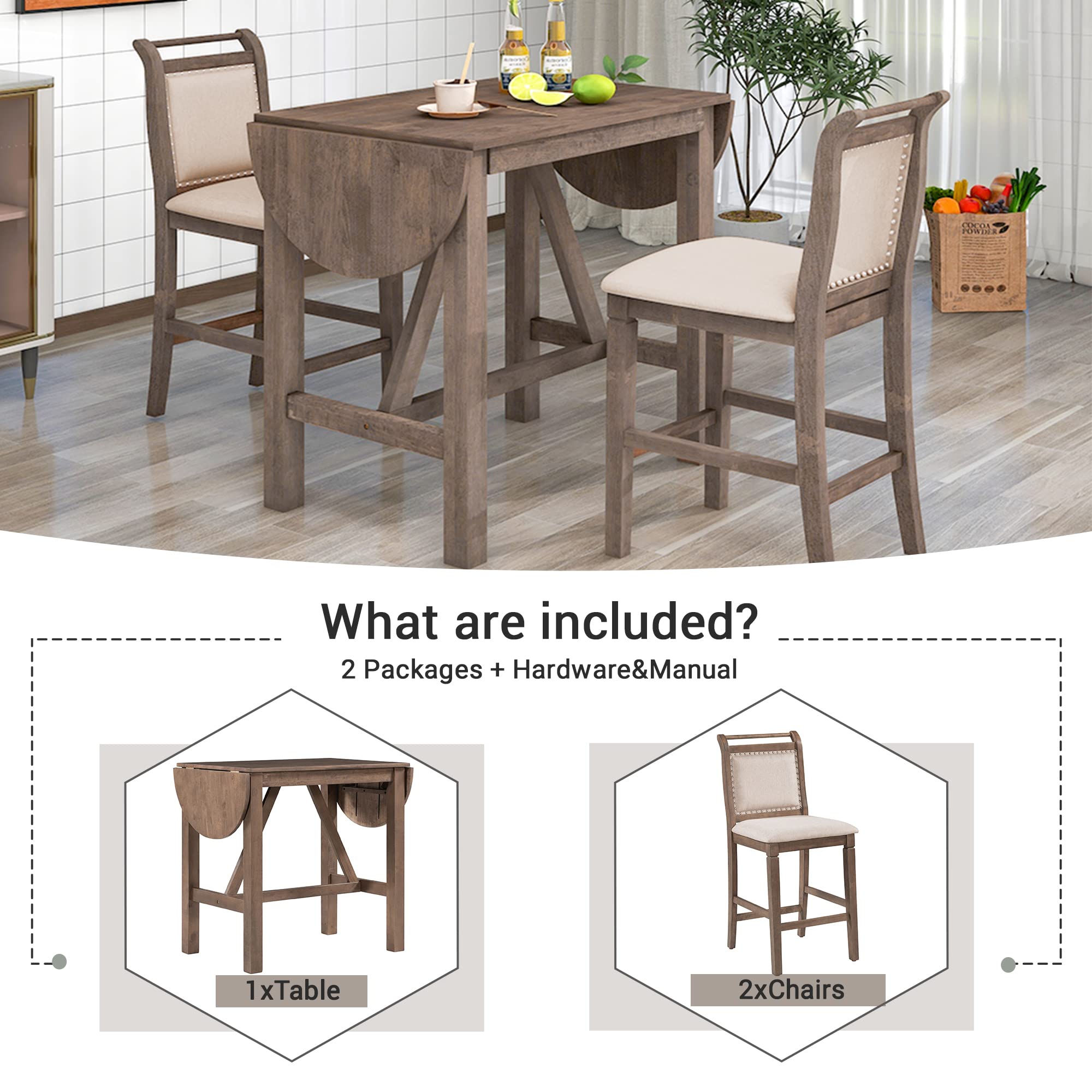 Farmhouse 3-Piece Counter Height Dining Table Set with 2 Upholstered Chairs & Extendable Drop Leaf - Solid Wood Kitchen Table for Small Spaces (Brown) - Perfect for Breakfast Nooks, Apartments & Cozy Dining Areas