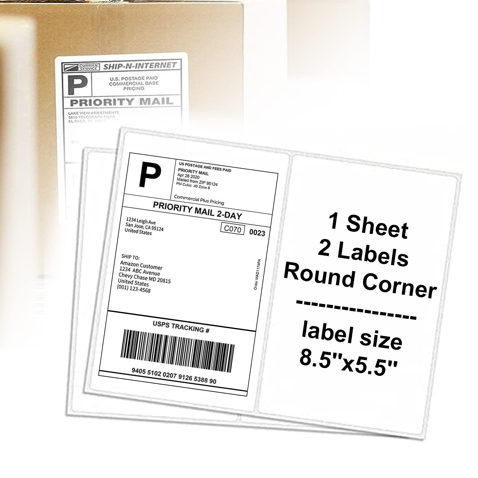 LabelMore Half Sheet Shipping Labels with Rounded Corners - Self-Adhesive Address Labels (2 Per Sheet) for Laser & Inkjet Printers - 200 White Labels - Perfect for Ecommerce, Packages & Mailing