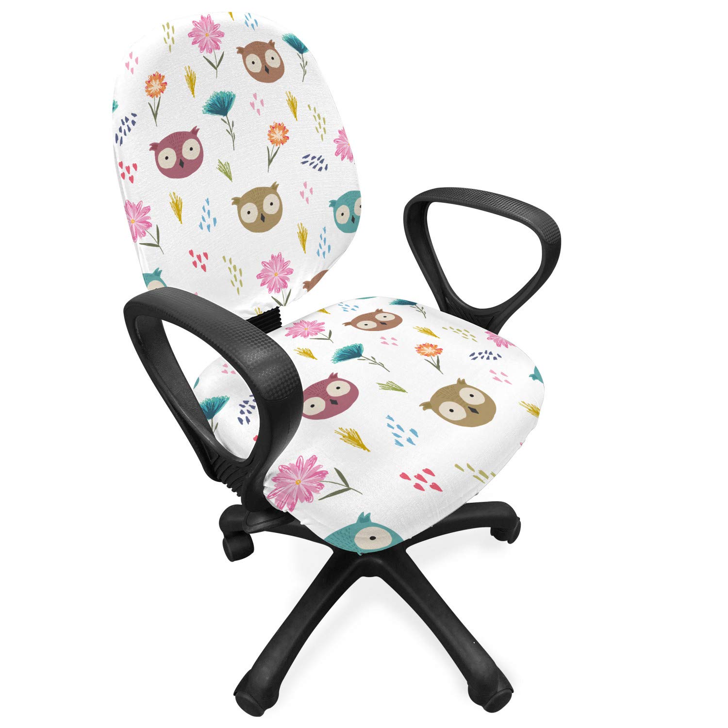 Ambesonne Cartoon Office Chair Slipcover - Colorful Owl & Floral Pattern Stretch Fabric Cover for Standard Chairs | Home Office Decor | Washable Protective Seat Cover for Work & Study