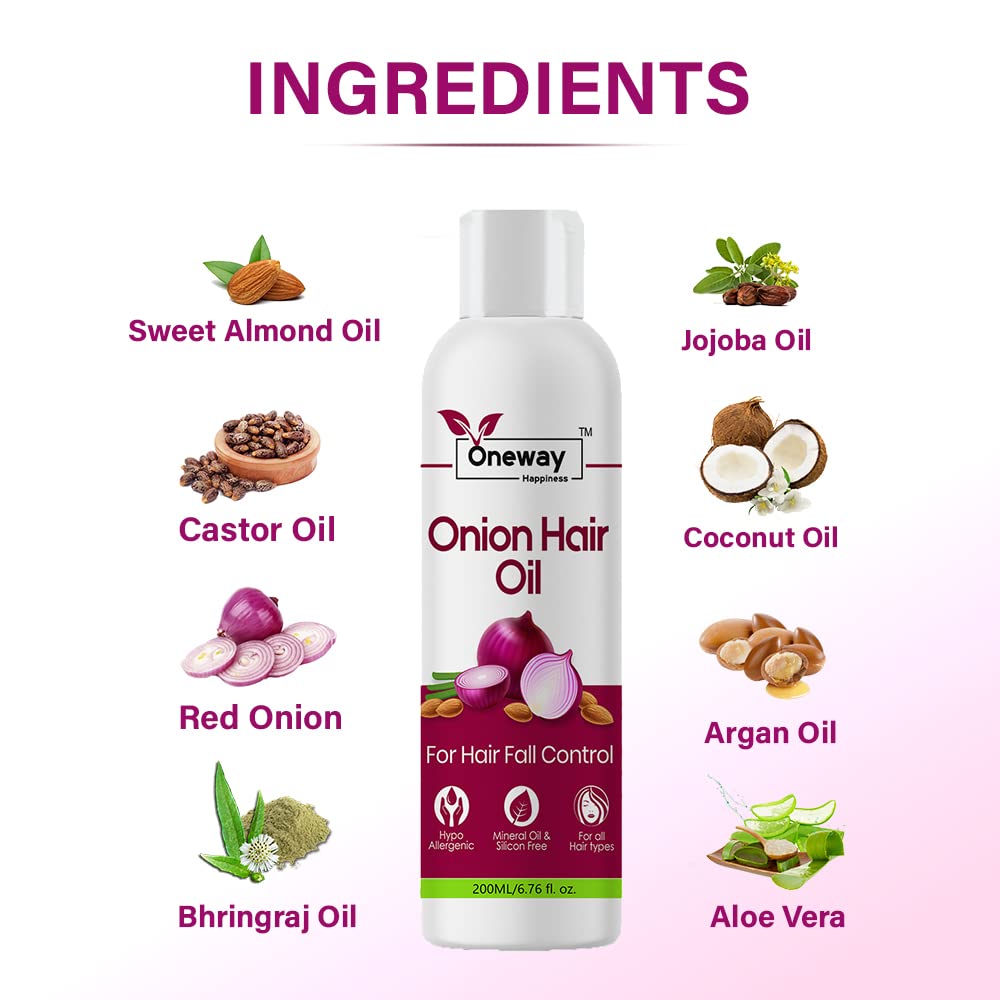 Oneway Happiness Onion Hair Oil for Hair Growth & Fall Control - 200ml Natural Hair Treatment for Strong, Healthy Hair | Cruelty-Free, Vegan & Paraben-Free | Promotes Thicker Hair & Scalp Health (Great for Daily Hair Care & Damaged Hair Repair)