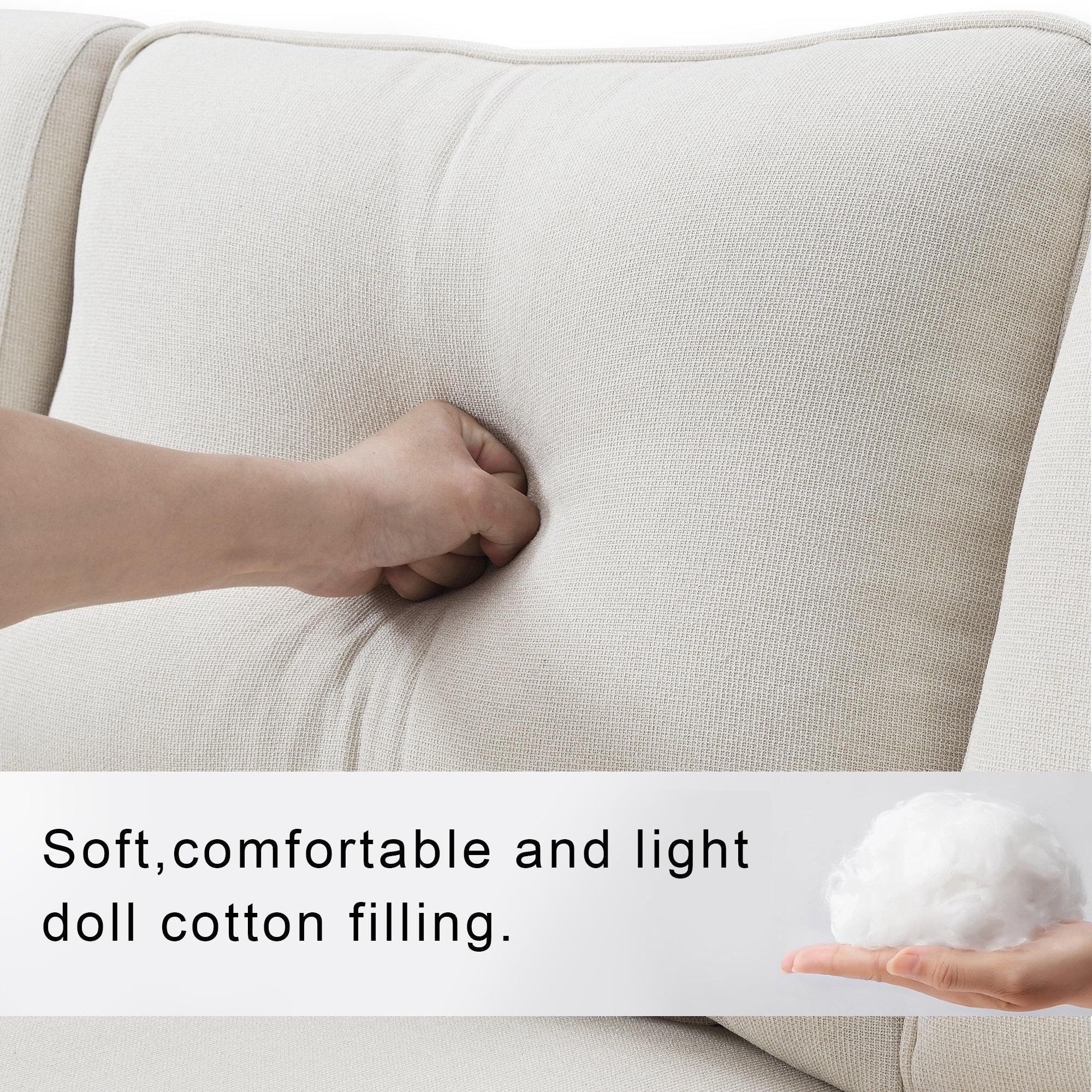 Modern 4-Seater Linen Fabric Sofa with Armrest Pockets & 4 Throw Pillows - Minimalist Living Room Couch for Small Spaces, Apartments and Cozy Home Decor