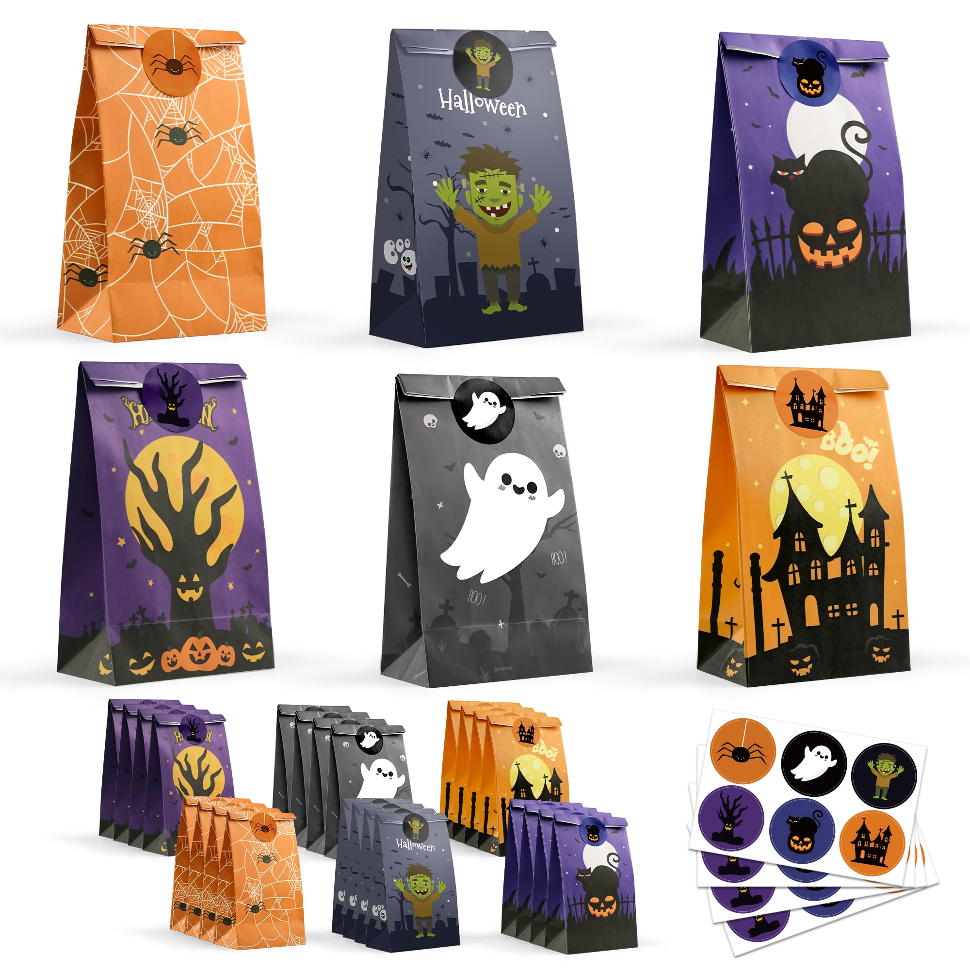 24 Pack Halloween Treat Bags with Stickers - Trick or Treat Candy Bags for Kids Party Favors | Mini Paper Gift Baskets for Halloween Decorations & Crafts - Perfect for Classroom Parties, Trick-or-Treating & Halloween Events