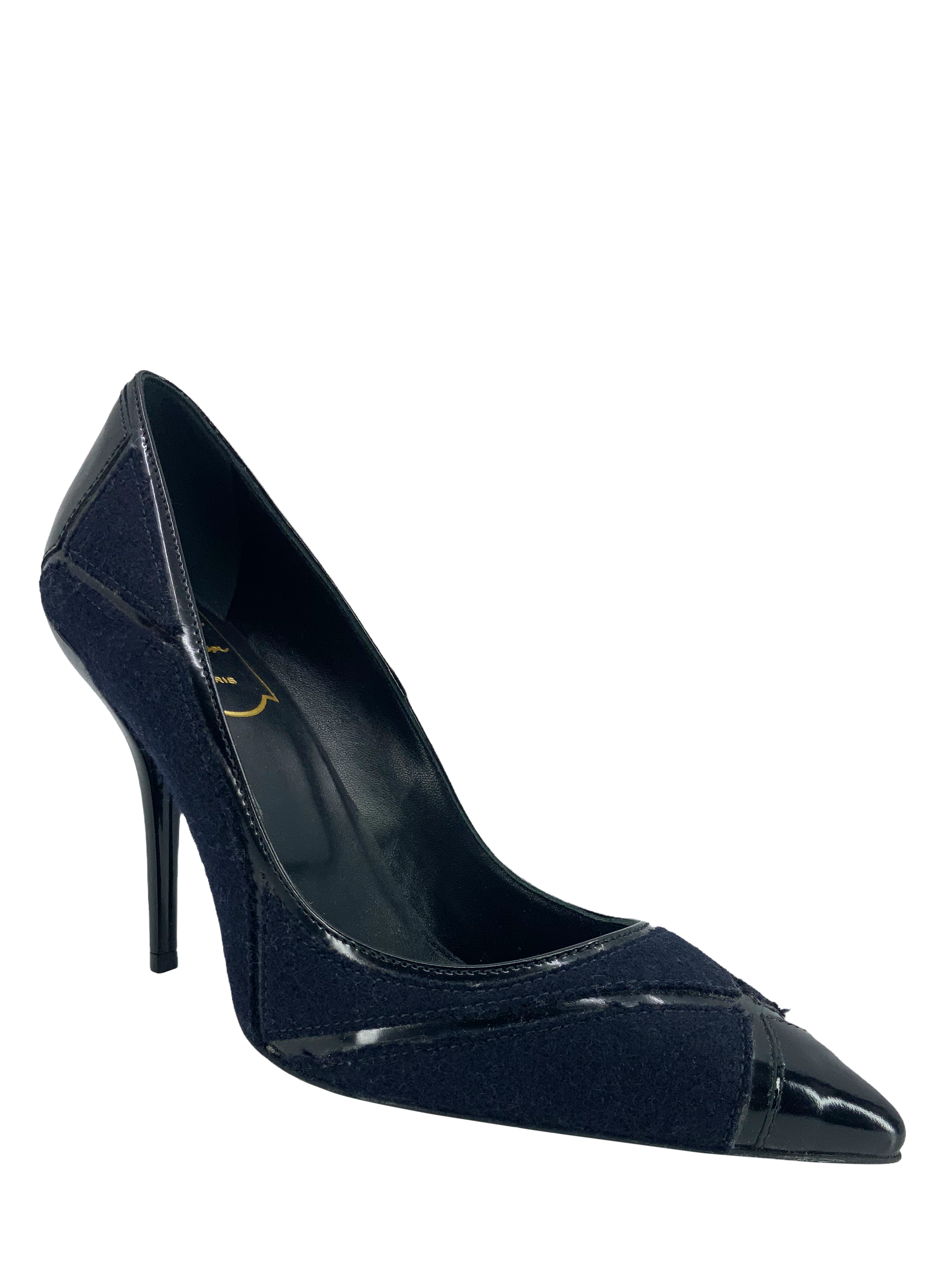 Roger Vivier Quilted Felt and Patent Leather Pumps Women's Size 7 - Elegant Designer Heels for Weddings, Parties & Office Wear