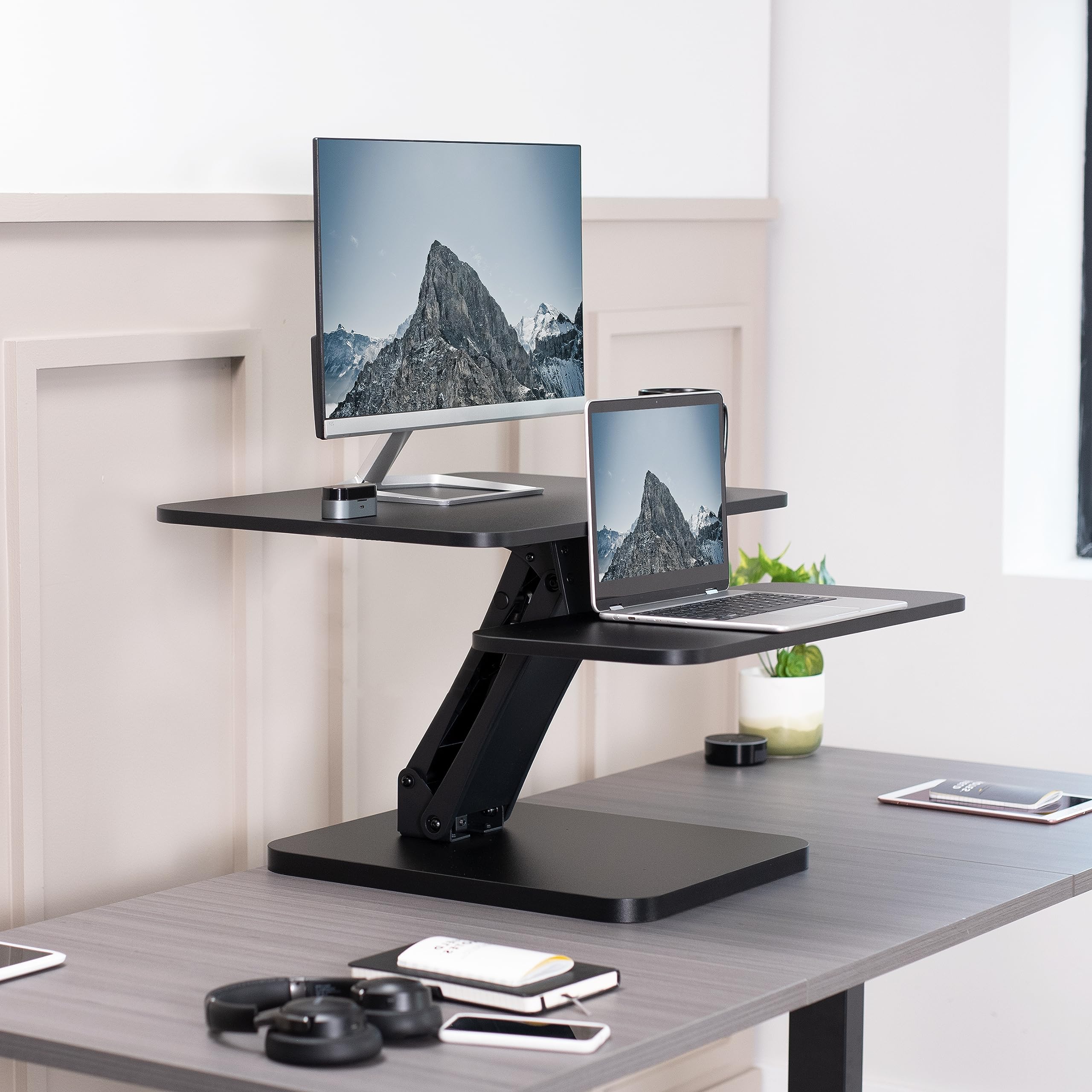 VIVO Black 25 inch Adjustable Standing Desk Converter | Compact Sit Stand Workstation for Monitor & Laptop | Home Office & Gaming Setup | Model DESK-V001G