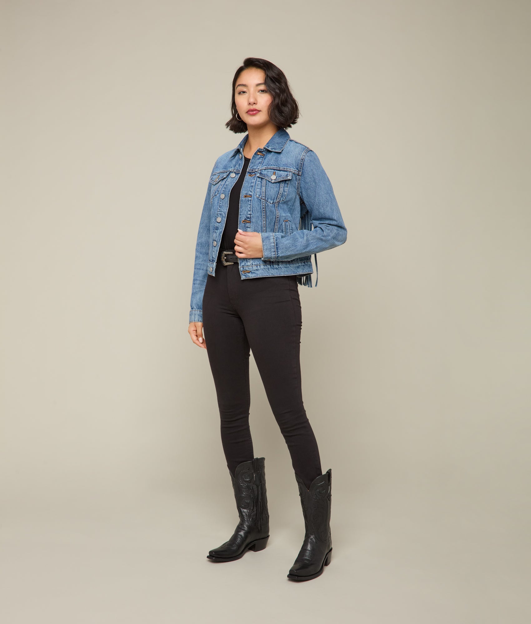 Justine Fringe Denim Jacket for Women - Blue Roan Distressed Vintage Style Jacket - Perfect for Casual Outfits, Music Festivals & Boho Fashion
