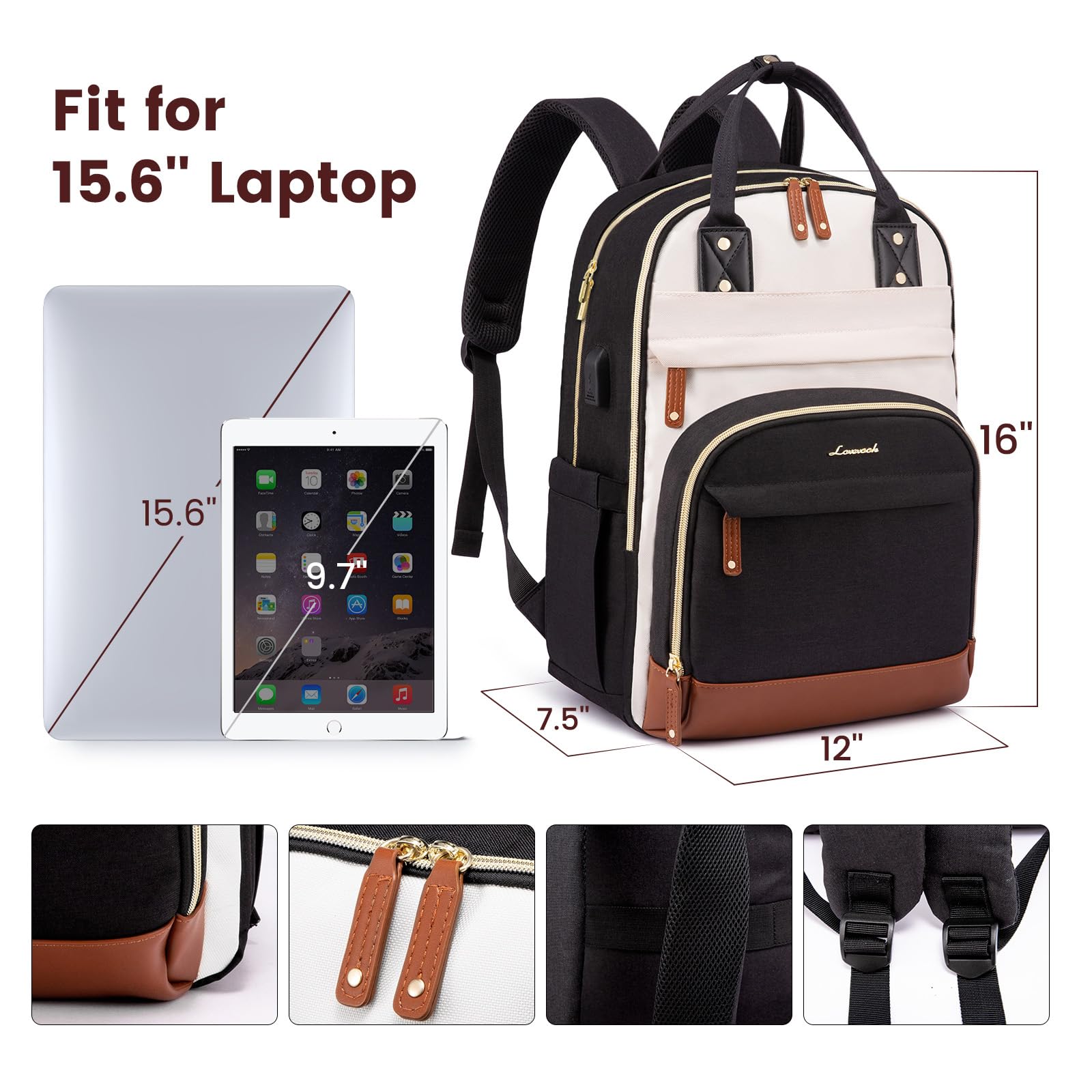 LOVEVOOK Women's Anti-Theft Laptop Backpack - 15.6 Inch Waterproof Computer Bag for Work, School & Travel | Stylish College Backpack Purse in Beige, Black & Brown | Perfect for Business Commute, Campus Life & Weekend Getaways