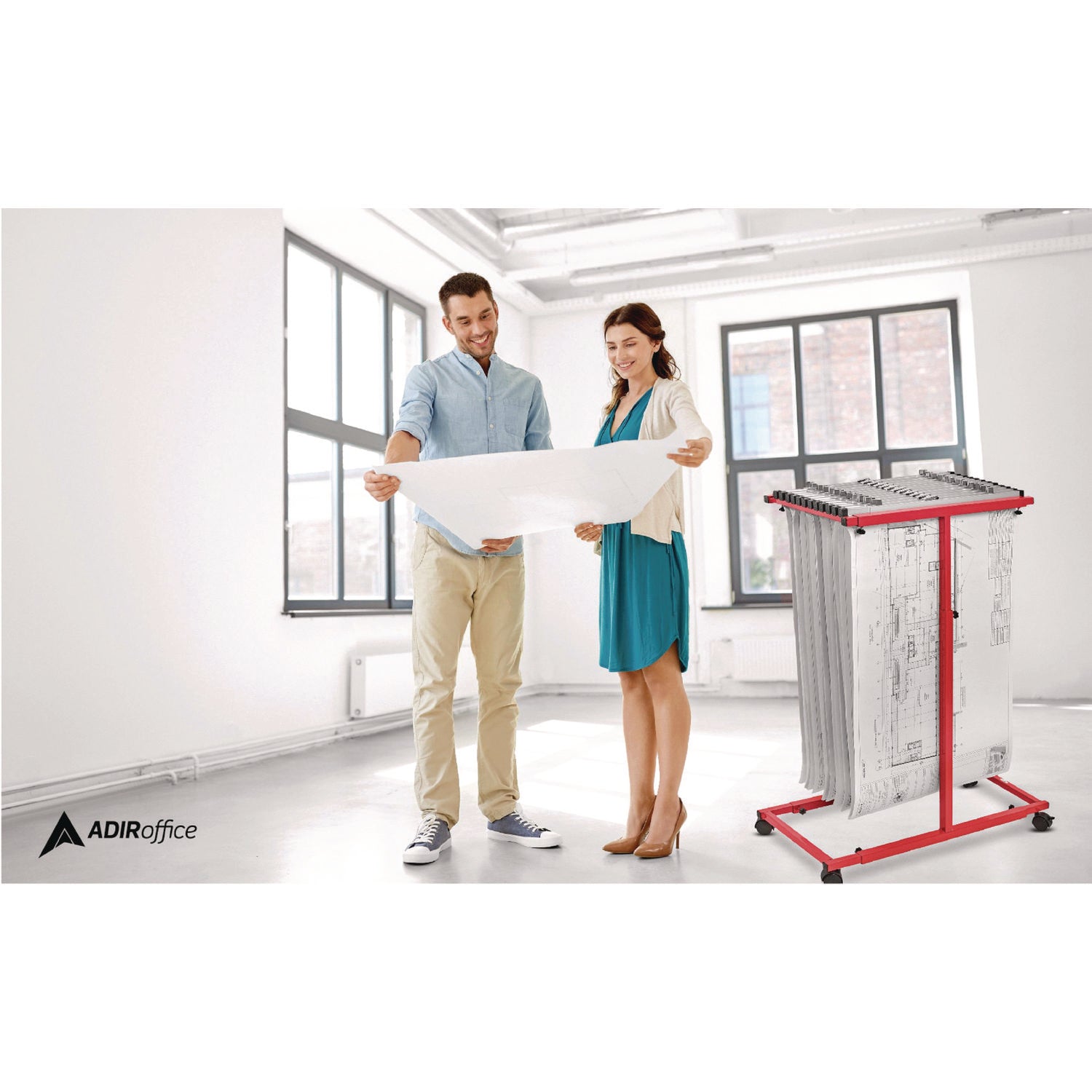 AdirOffice Blueprint Storage Cabinet - Steel Vertical Plan Holder for Large Documents 15x27 to 47.25x57 Inches - Red (Perfect for Architects, Engineers & Construction Sites)