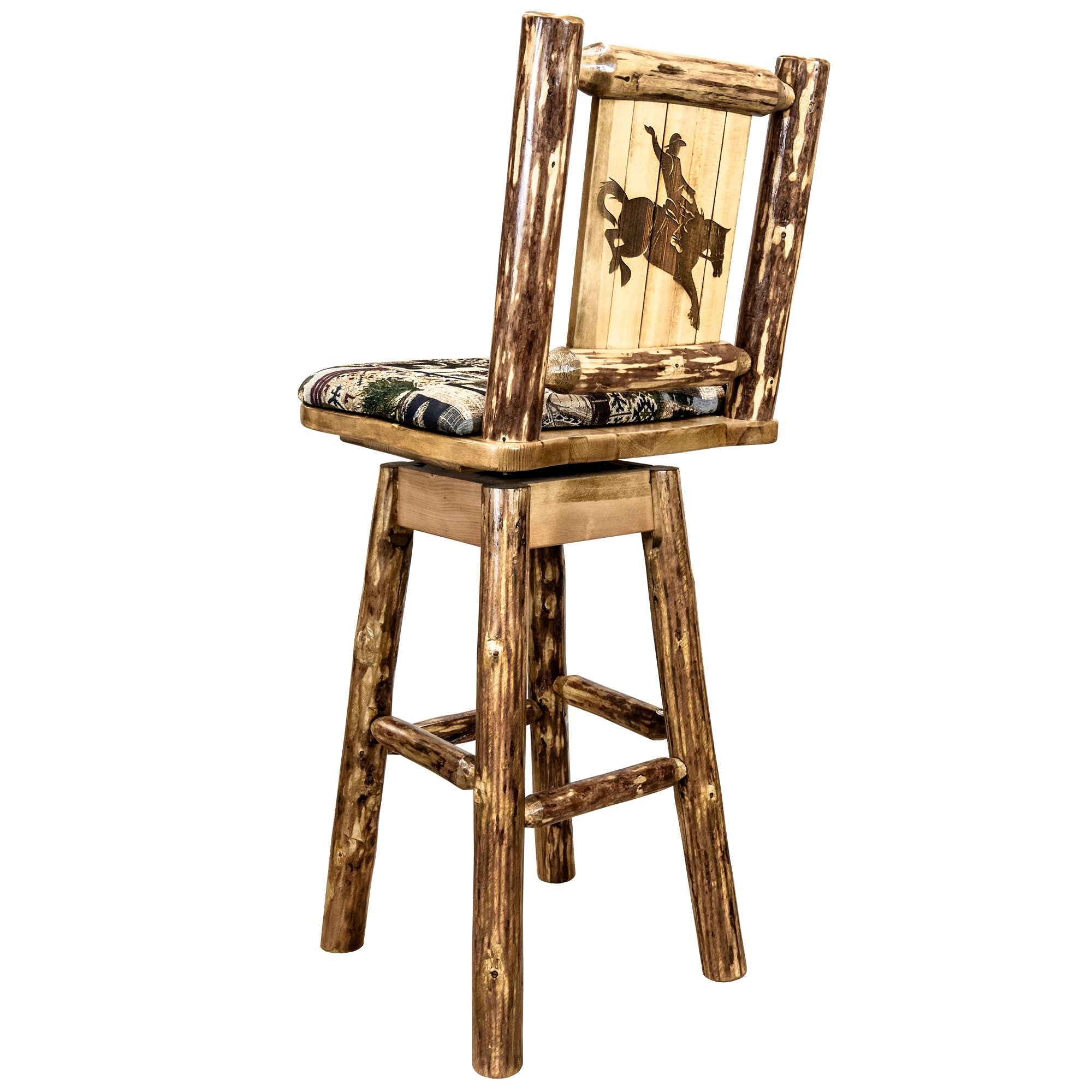 Glacier Country Barstool with Swivel Base & Woodland Pattern Upholstery - Laser Engraved Design - Perfect for Kitchen Islands, Home Bars & Rustic Decor