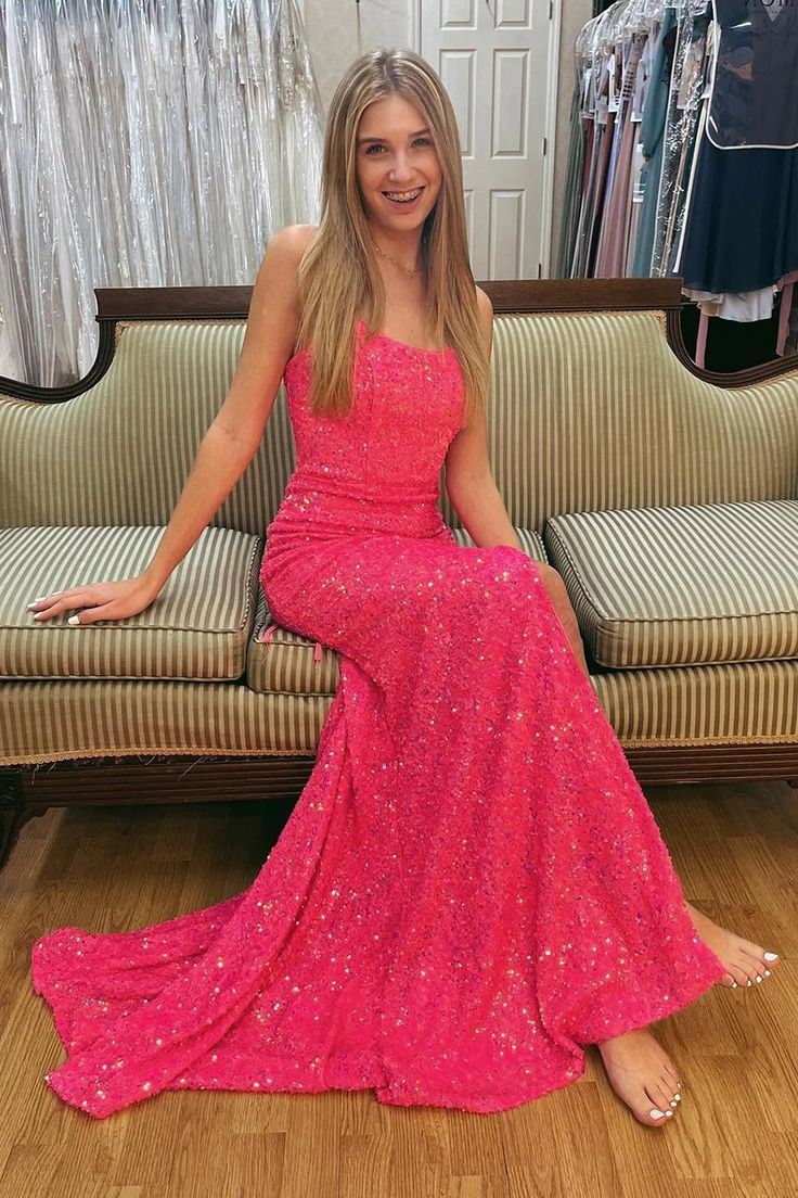 Elegant Hot Pink Sequins Mermaid Long Prom Dresses for Women - Perfect for Homecoming, Evening Gala & Special Occasions | Style J2574
