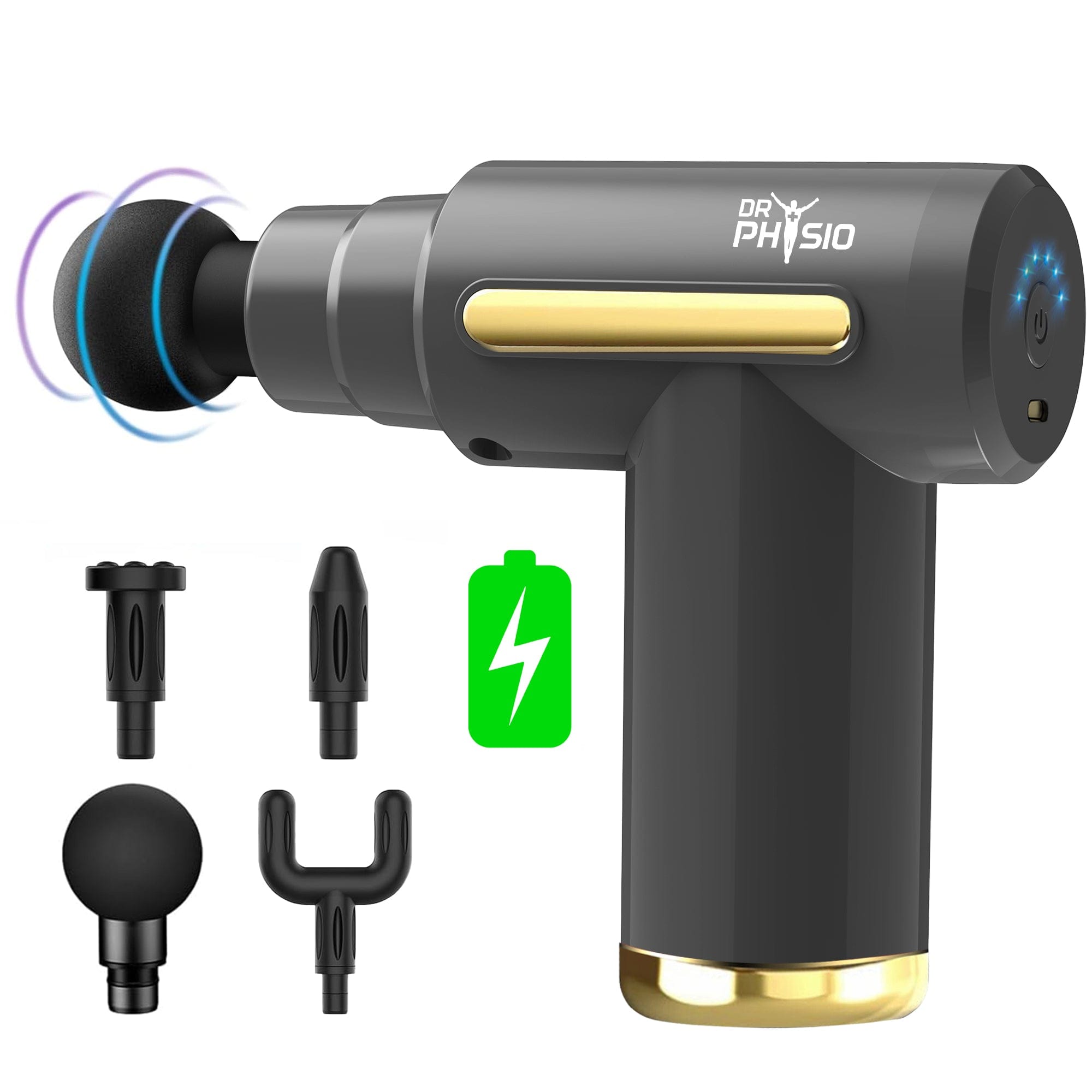 Dr Physio USA Vibe Graphite Gun Massager 1038 - Deep Tissue Percussive Massage for Muscle Pain Relief, Portable & Rechargeable with 4 Attachments & 6 Speeds - Ideal for Athletes, Gym Recovery & Home Use (Grey)