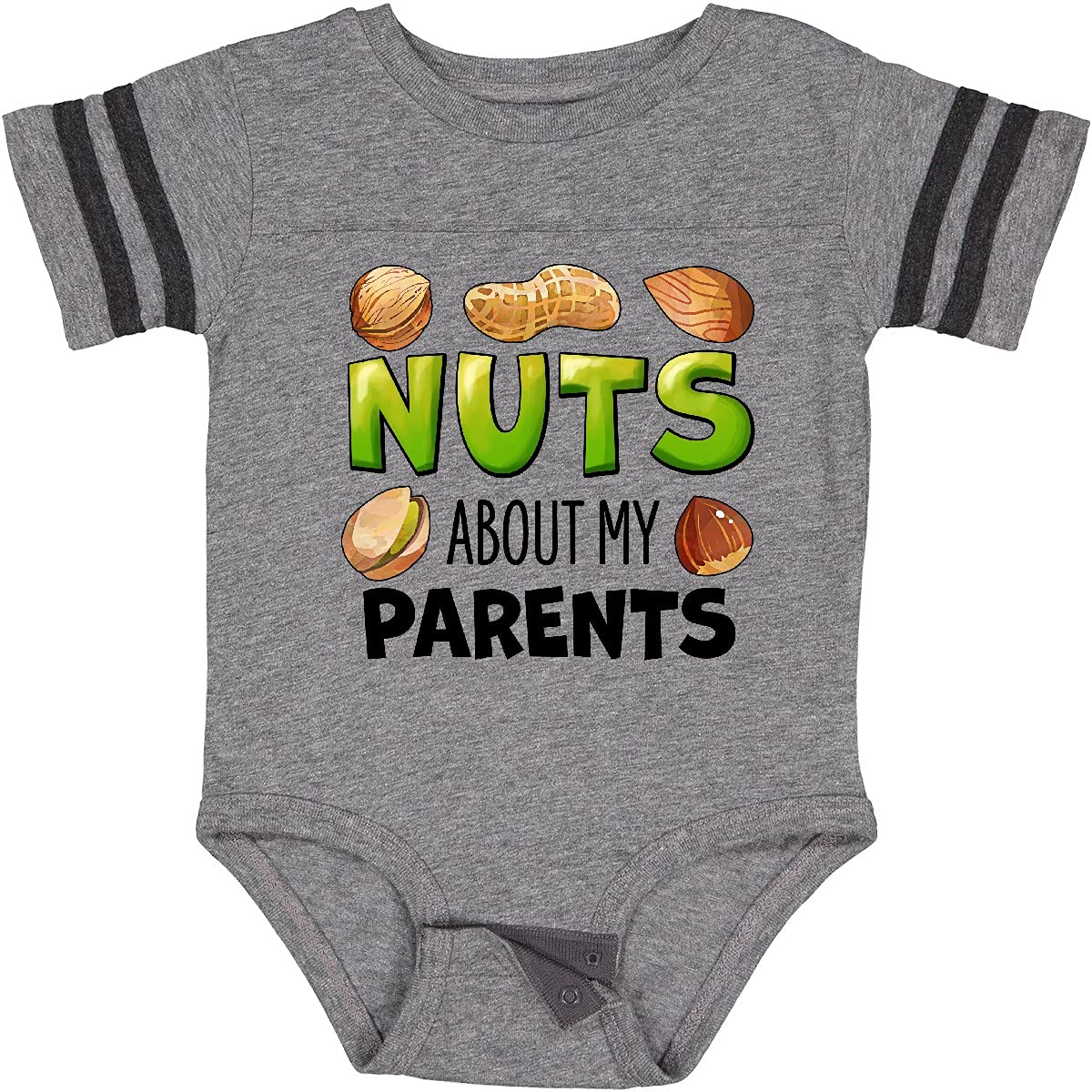 Inktastic Funny Nuts About My Parents Peanut Almond Pistachio Baby Bodysuit - Cute Organic Cotton Onesie for Newborns & Infants - Perfect for Family Photos, Holidays & Casual Outings