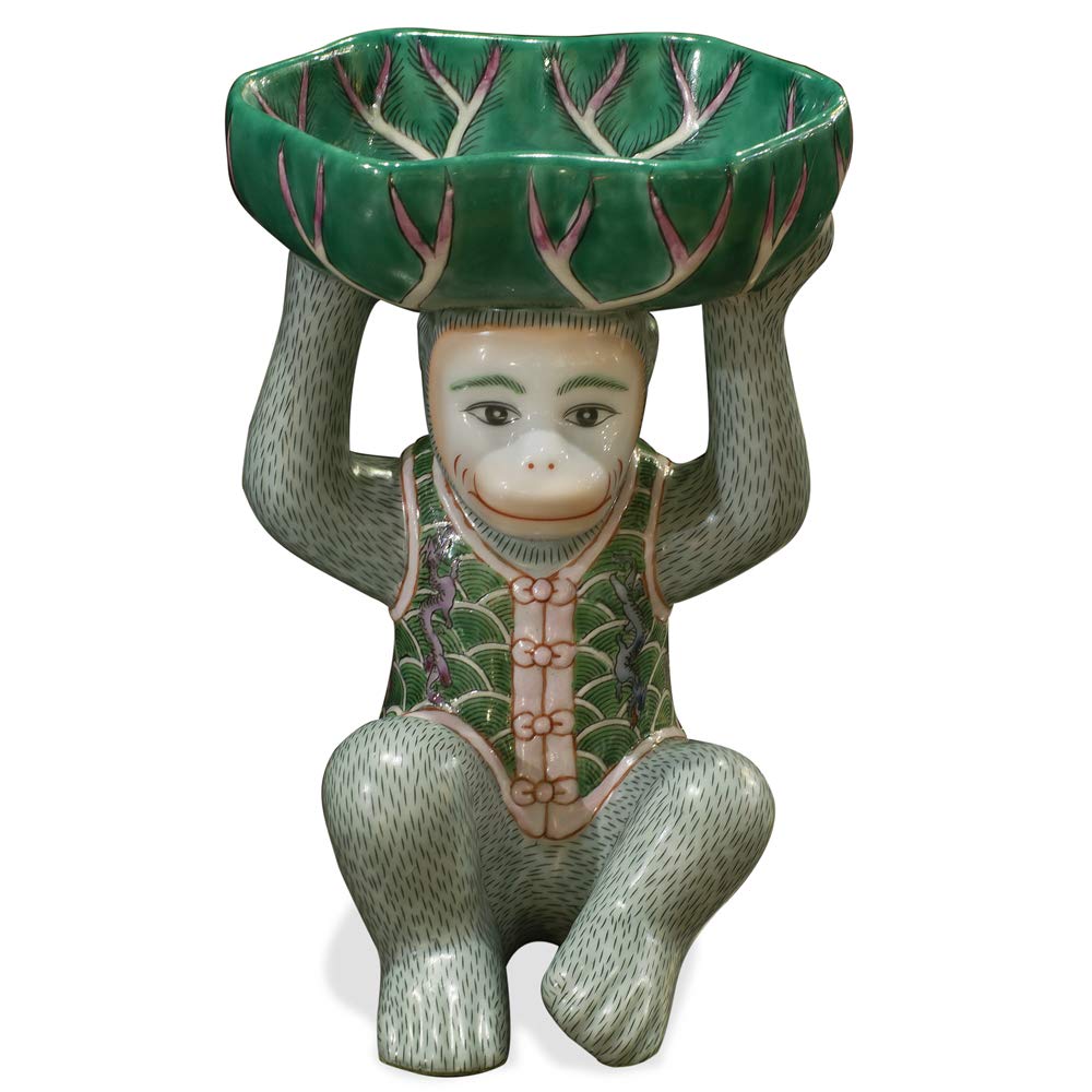 Chinese Porcelain Monkey Figurine with Lotus Soap Dish - Handcrafted Home Decor, Bathroom Accessory for Spa, Zen & Feng Shui Decorations