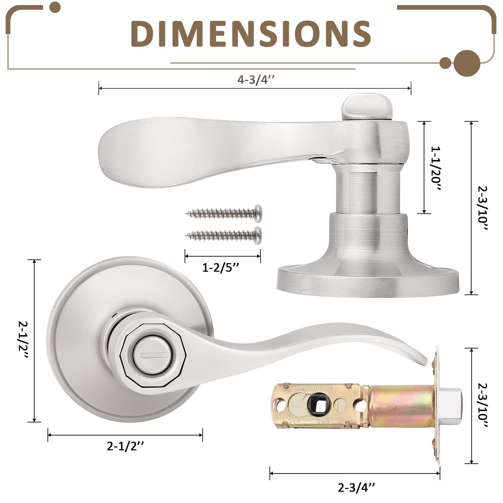 Probrico 6-Pack Privacy Door Lever with Thumb Turn Lock - Keyless Satin Nickel Finish Wave Door Handle Set for Bedroom & Bathroom Doors (Reversible Right/Left Handed) - Perfect for Home, Office, and Rental Property Security