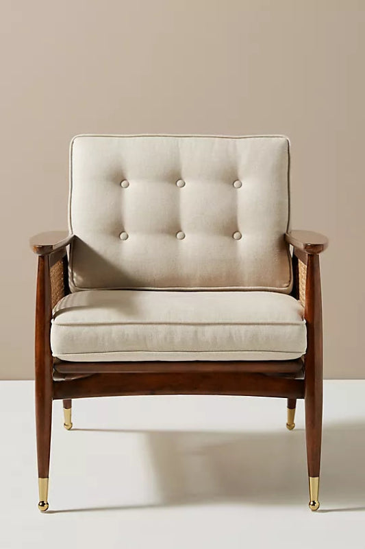 Nadia Caned Accent Chair with Brass Caped Design - Mid-Century Modern Rattan Lounge Chair for Living Room, Bedroom & Office Decor