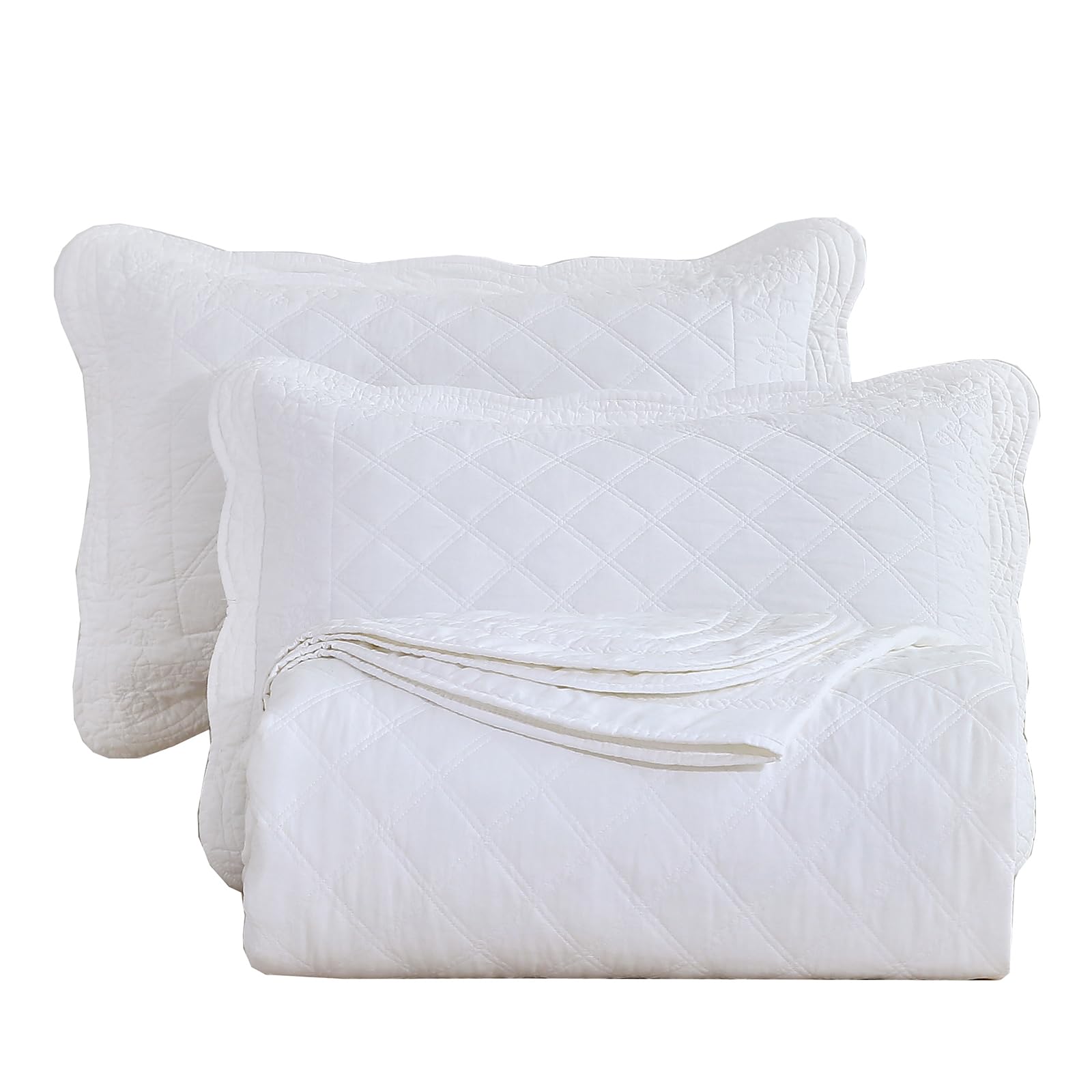 VCTOPS 100% Cotton Floral Embroidered Quilt Set 3-Piece King Size Reversible Diamond Pattern Quilted Bedspread Coverlet - Soft Luxury Bedding for Master Bedroom, Guest Room & Home Decor (King, White)