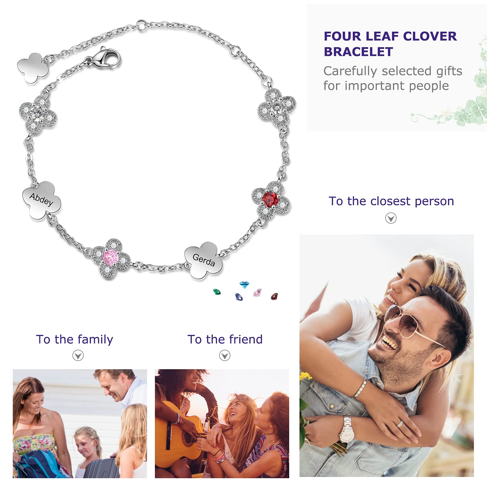 Personalized Flower Bracelet with 2-5 Birthstones for Women - Engraved Name Jewelry Gift for Girlfriend, Flower Girl & Bridesmaid - Lucky Four Leaf Clover Charm Bracelet for Weddings, Anniversaries & Special Occasions